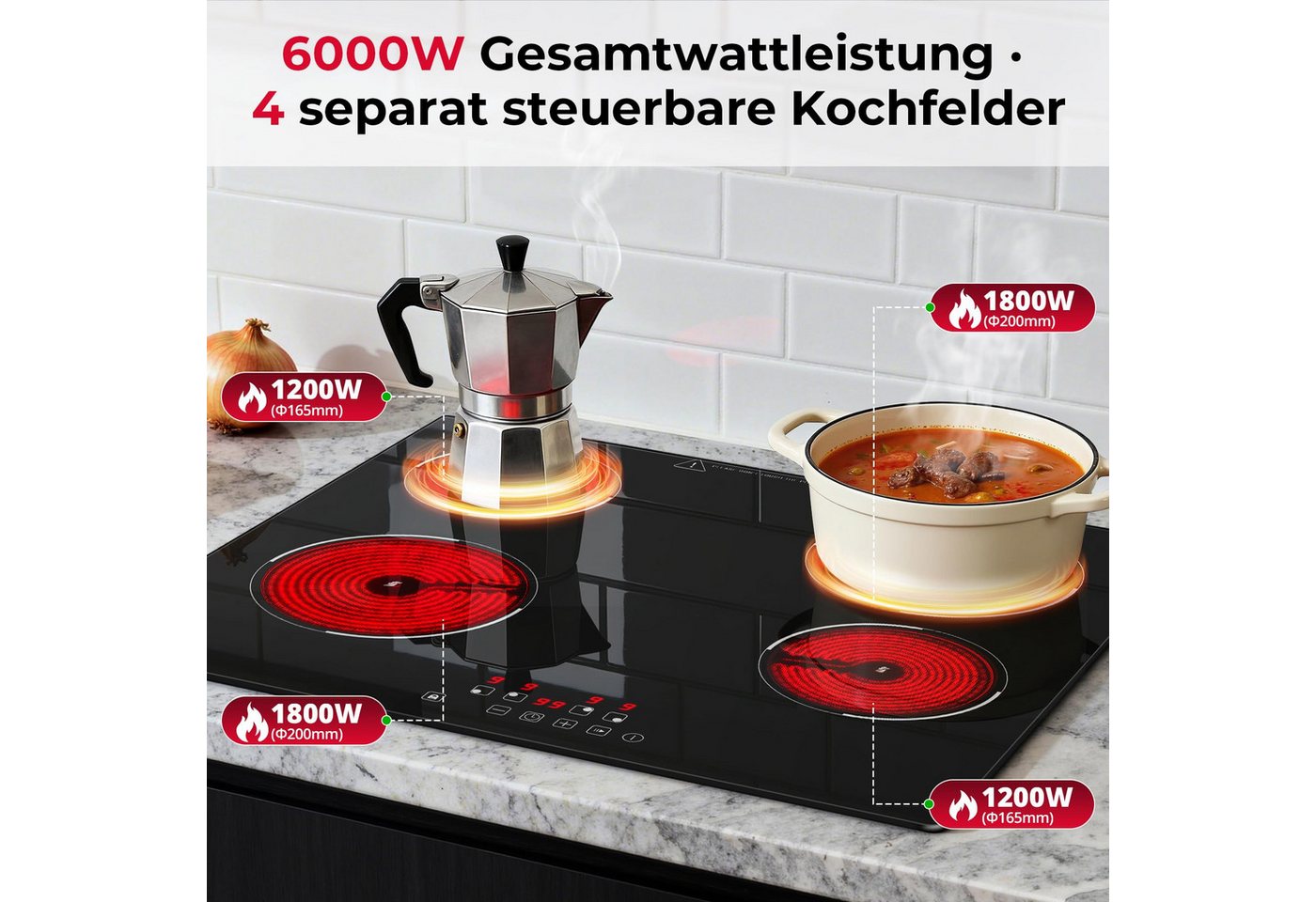 SNDOAS Elektro-Kochfeld, Glaskeramikkochfeld 60 cm, 4 Kochzonen 6000 W, für alle Töpfe Bild 3