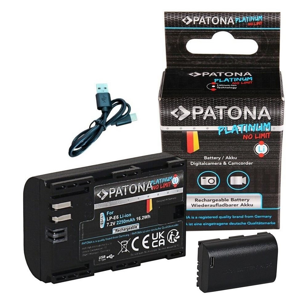 Patona Platinum Akku mit USB-C Eingang für Canon LP-E6 Kamera-Akku Ersatzakku Kameraakku 2250 mAh (7,2 V, 1 St), Canon LP-E6 LPE6 EOS 60D 70D 5D 6D 7D Mark III