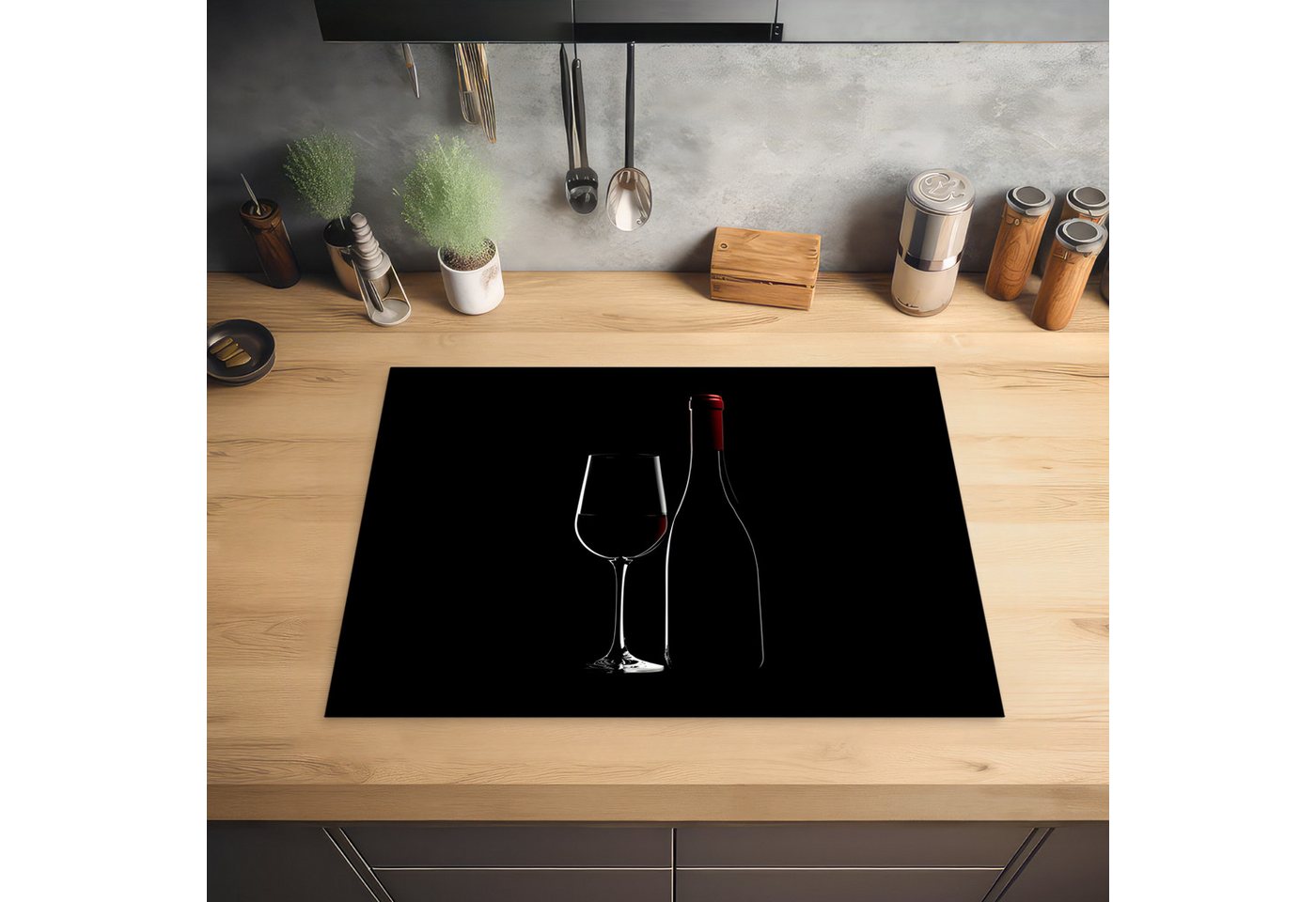 MuchoWow Herd-Abdeckplatte Schwarz - Wein - Glasflasche, Vinyl, (1 tlg), Küche Herdabdeckung Ceranfeld Induktionsfeld Vinyl, 65x50 cm Bild 2