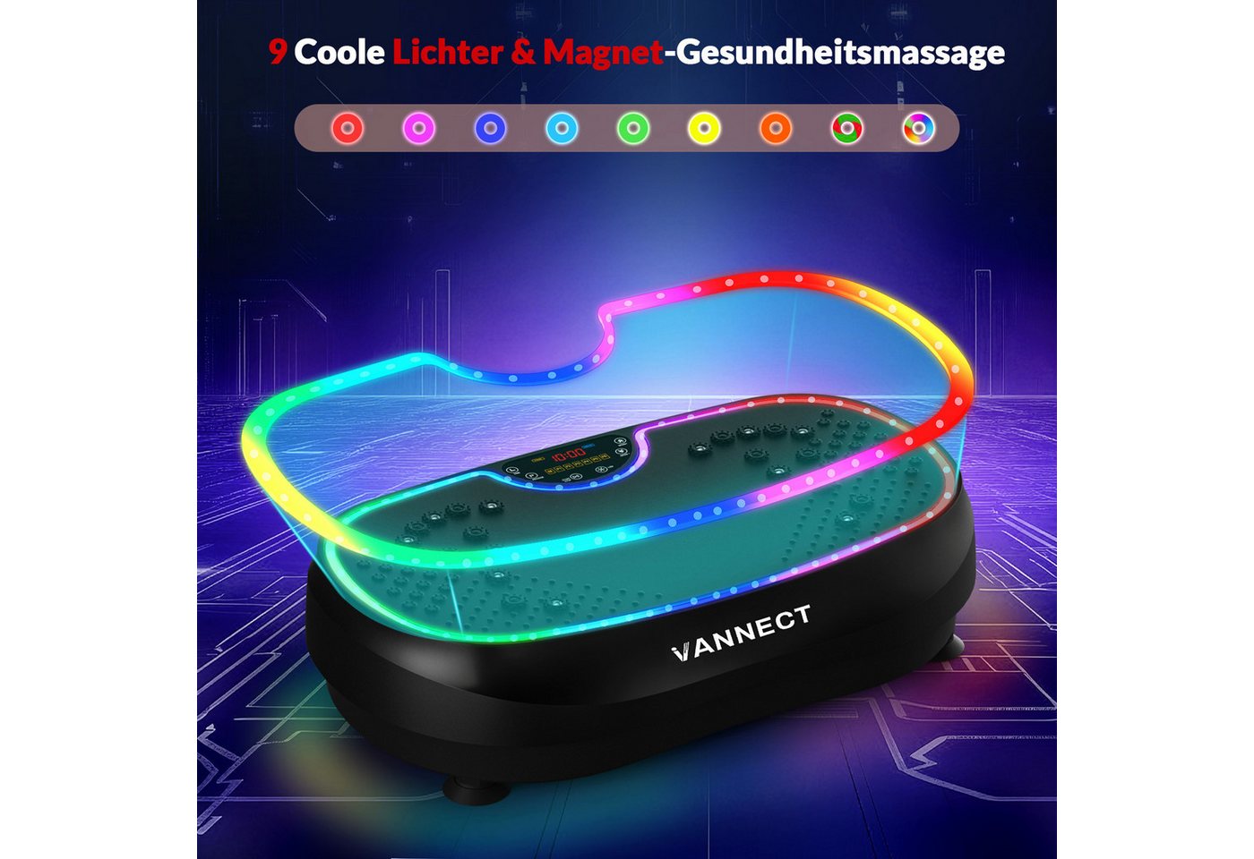 VANNECT Vibrationsplatte 2026 mit 6+1 Trainingsmodi, 9 coolen LED-Lichtern, 200 W, 199 Intensitätsstufen, (1 tlg., Power Llate mit 200W Bürstenlose Motoren), Vibrationsplatte für Zuhause, 199 Geschwindigkeiten, bis 230 kg