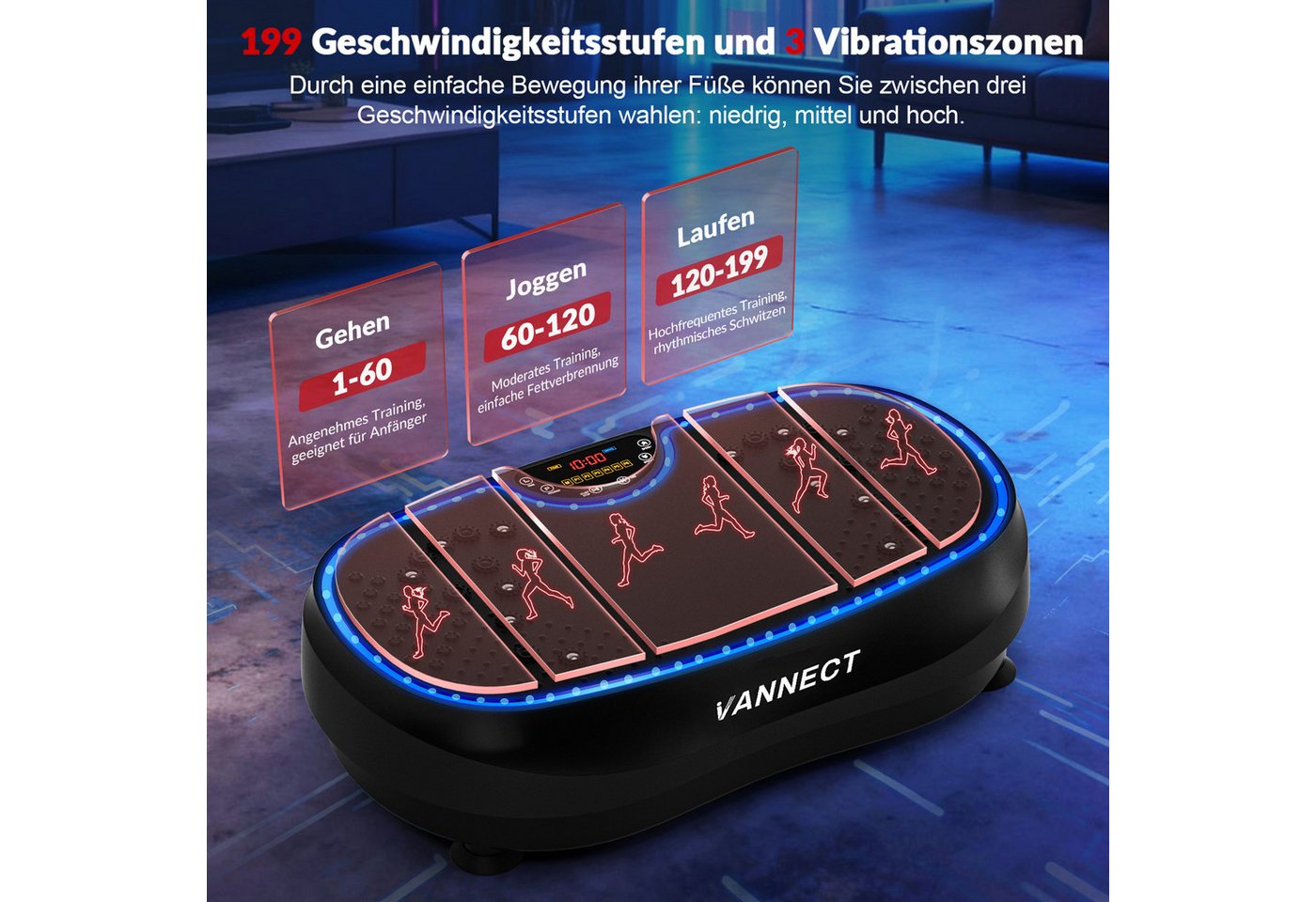 VANNECT Vibrationsplatte 2026 mit 6+1 Trainingsmodi, 9 coolen LED-Lichtern, 200 W, 199 Intensitätsstufen, (1 tlg., Power Llate mit 200W Bürstenlose Motoren), Vibrationsplatte für Zuhause, 199 Geschwindigkeiten, bis 230 kg Bild 3