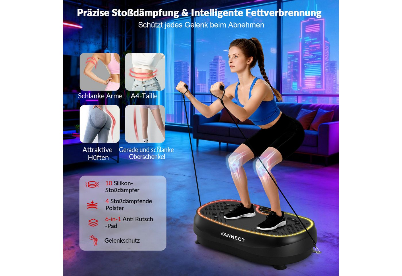 VANNECT Vibrationsplatte 2026 mit 6+1 Trainingsmodi, 9 coolen LED-Lichtern, 200 W, 199 Intensitätsstufen, (1 tlg., Power Llate mit 200W Bürstenlose Motoren), Vibrationsplatte für Zuhause, 199 Geschwindigkeiten, bis 230 kg Bild 4