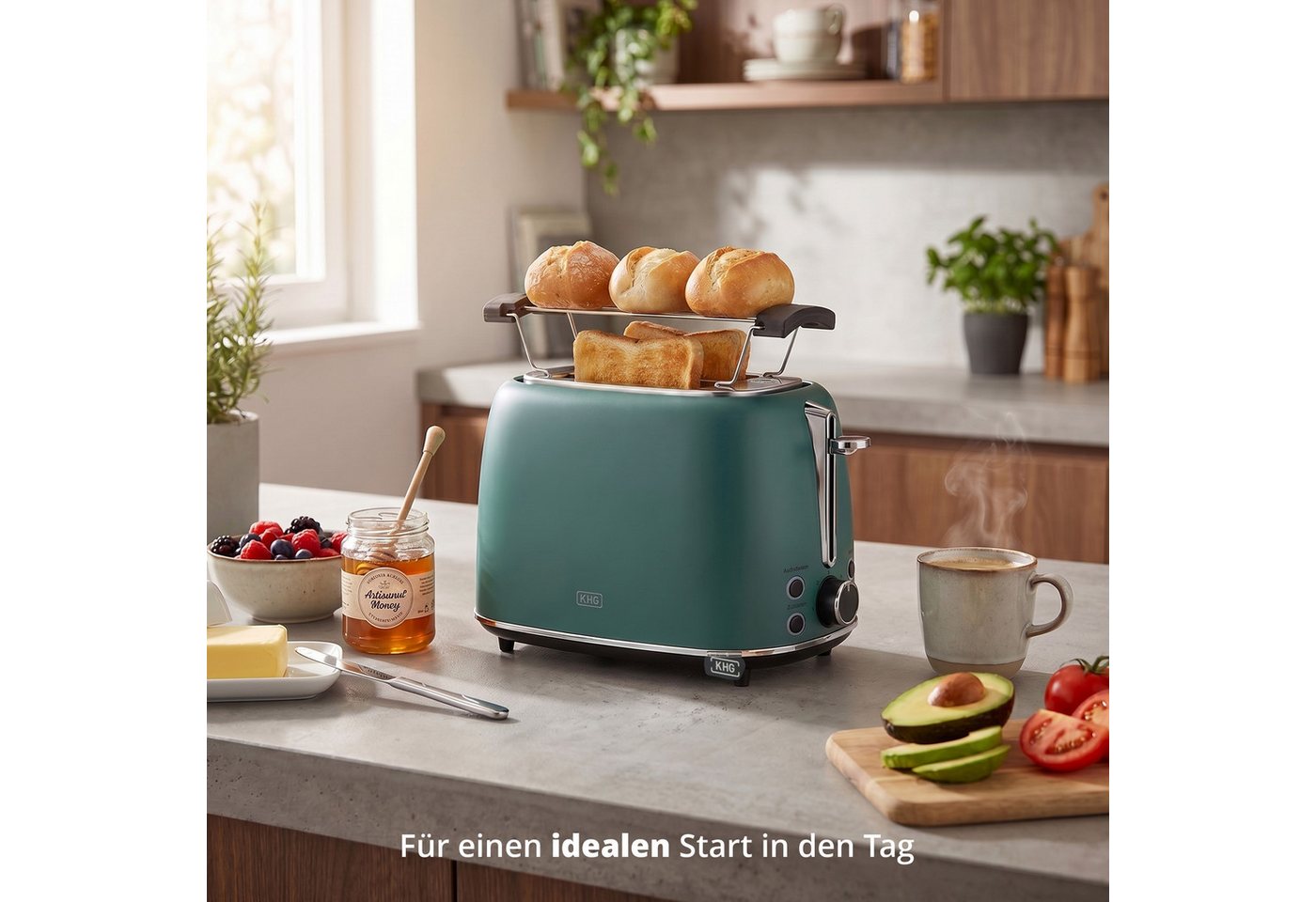 KHG Toaster Edelstahl Grün, 930 W, 2 Scheiben-Toaster mit Brötchenaufsatz, 2 kurze Schlitze, für 2 Scheiben, 930 W, Auftau- und Aufwärmfunktion, Abschaltautomatik, Krümelschublade