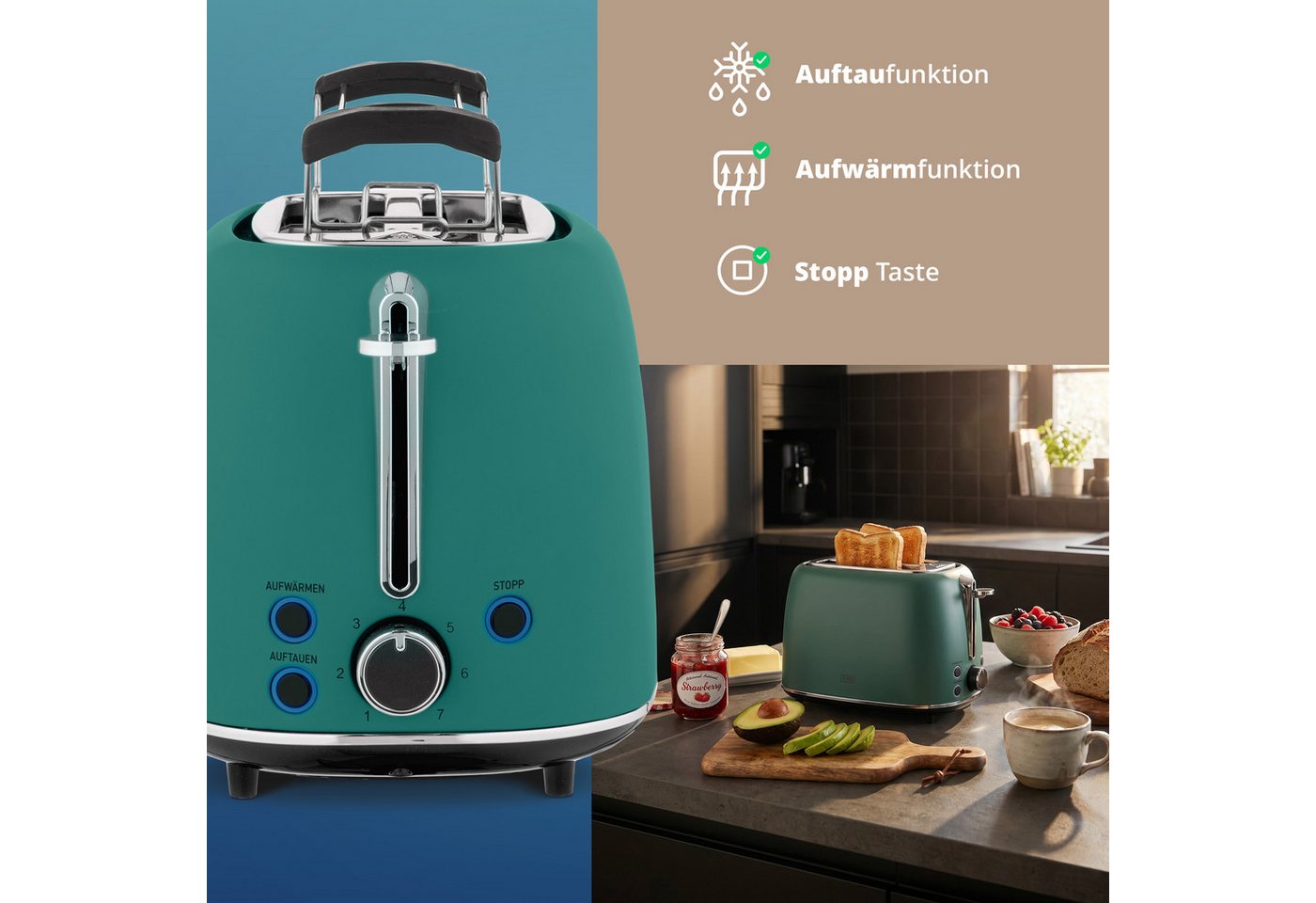 KHG Toaster Edelstahl Grün, 930 W, 2 Scheiben-Toaster mit Brötchenaufsatz, 2 kurze Schlitze, für 2 Scheiben, 930 W, Auftau- und Aufwärmfunktion, Abschaltautomatik, Krümelschublade Bild 2