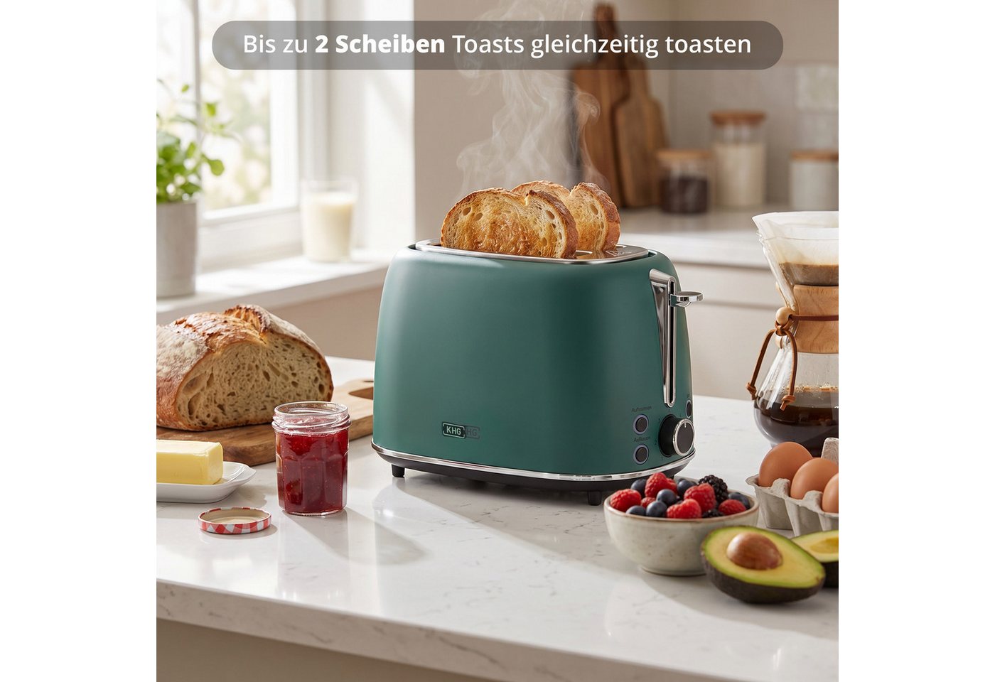 KHG Toaster Edelstahl Grün, 930 W, 2 Scheiben-Toaster mit Brötchenaufsatz, 2 kurze Schlitze, für 2 Scheiben, 930 W, Auftau- und Aufwärmfunktion, Abschaltautomatik, Krümelschublade Bild 4