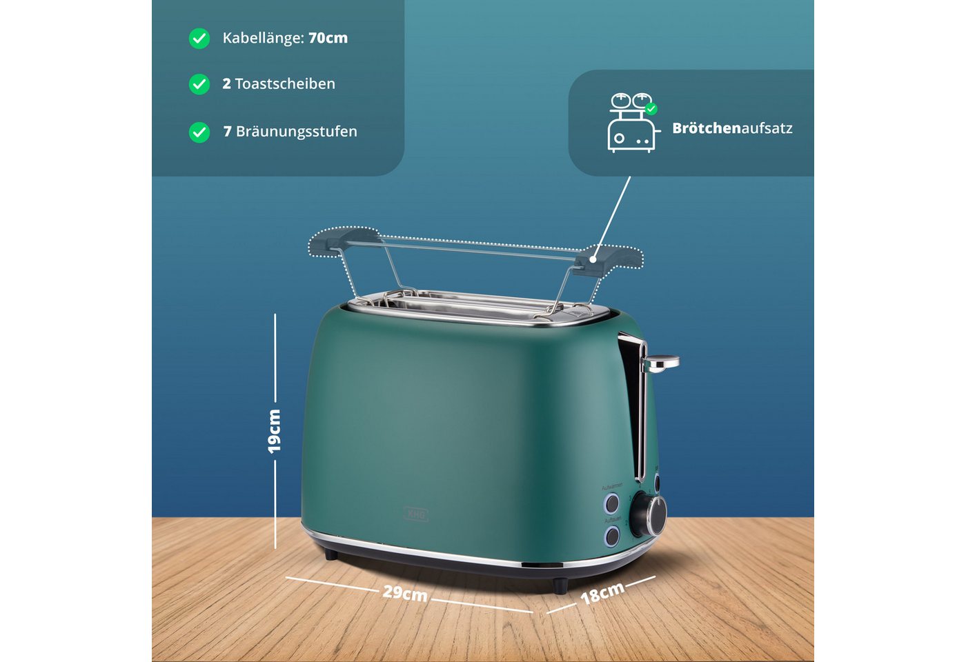 KHG Toaster Edelstahl Grün, 930 W, 2 Scheiben-Toaster mit Brötchenaufsatz, 2 kurze Schlitze, für 2 Scheiben, 930 W, Auftau- und Aufwärmfunktion, Abschaltautomatik, Krümelschublade Bild 5