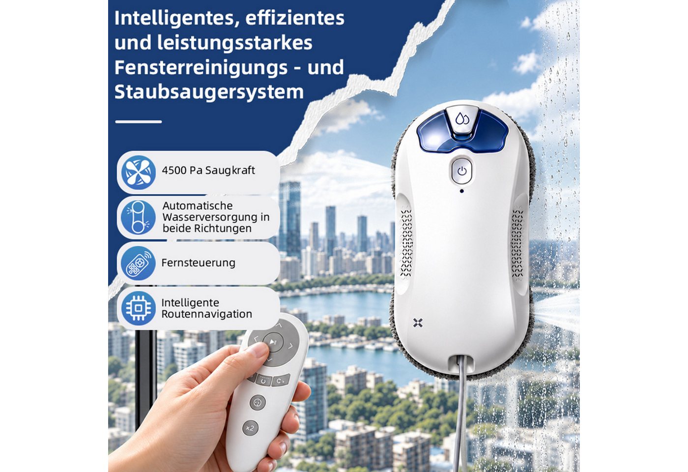Grenintol Fensterputzroboter, Automatischer Fensterputzroboter 4500PA,Fenstersauger mit Water Tank, (Fensterputzer Elektrisch mit Intelligentes Kantenerkennungssystem)