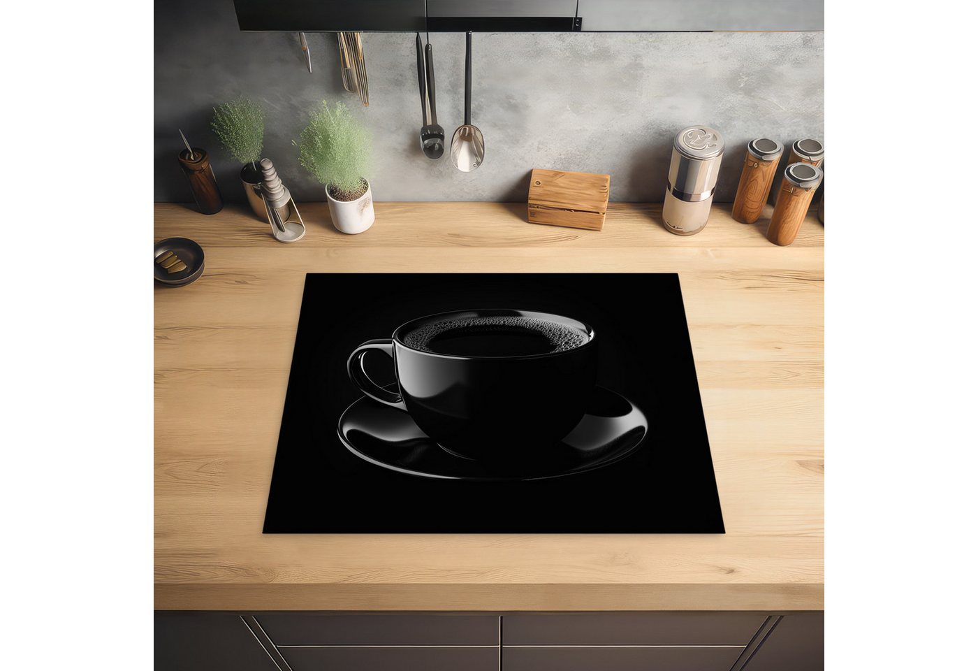 MuchoWow Herd-Abdeckplatte Schwarz - Kaffee - Tasse, Vinyl, (1 tlg), Abdeckung Induktionskochfeld Schutzmatte, Küche Deko, 65x52 cm Bild 3