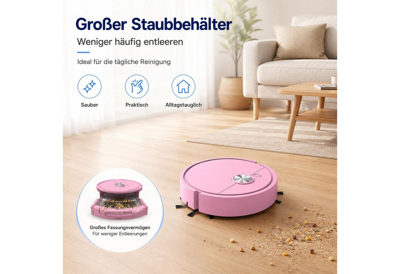FELIXLEO Saugroboter Zubehör-Set Kleiner Saugroboter pink 3 in 1 40 Min Laufzeit USB leise, (1-tlg) Bild 3