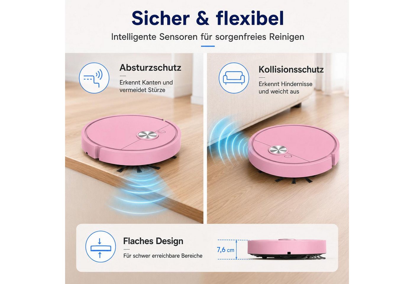 FELIXLEO Saugroboter Zubehör-Set Kleiner Saugroboter pink 3 in 1 40 Min Laufzeit USB leise, (1-tlg) Bild 4