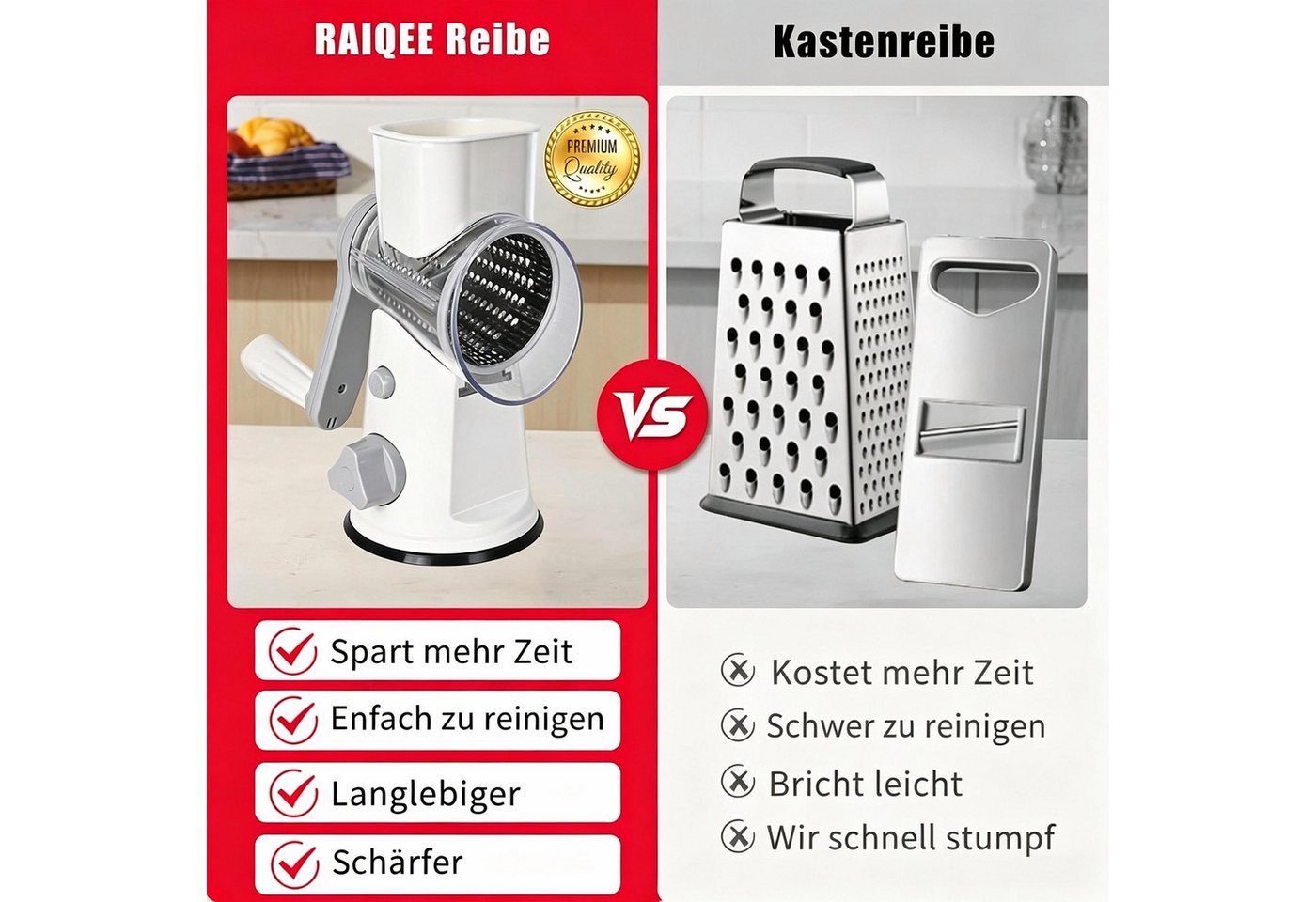Kityhome Gemüseschneider Käsereibe mit Handkurbel,mit 3 Edelstahlklingen und Saugfuß, Gemüseschneider für Käse, Gemüse, Nüsse, Schokolade