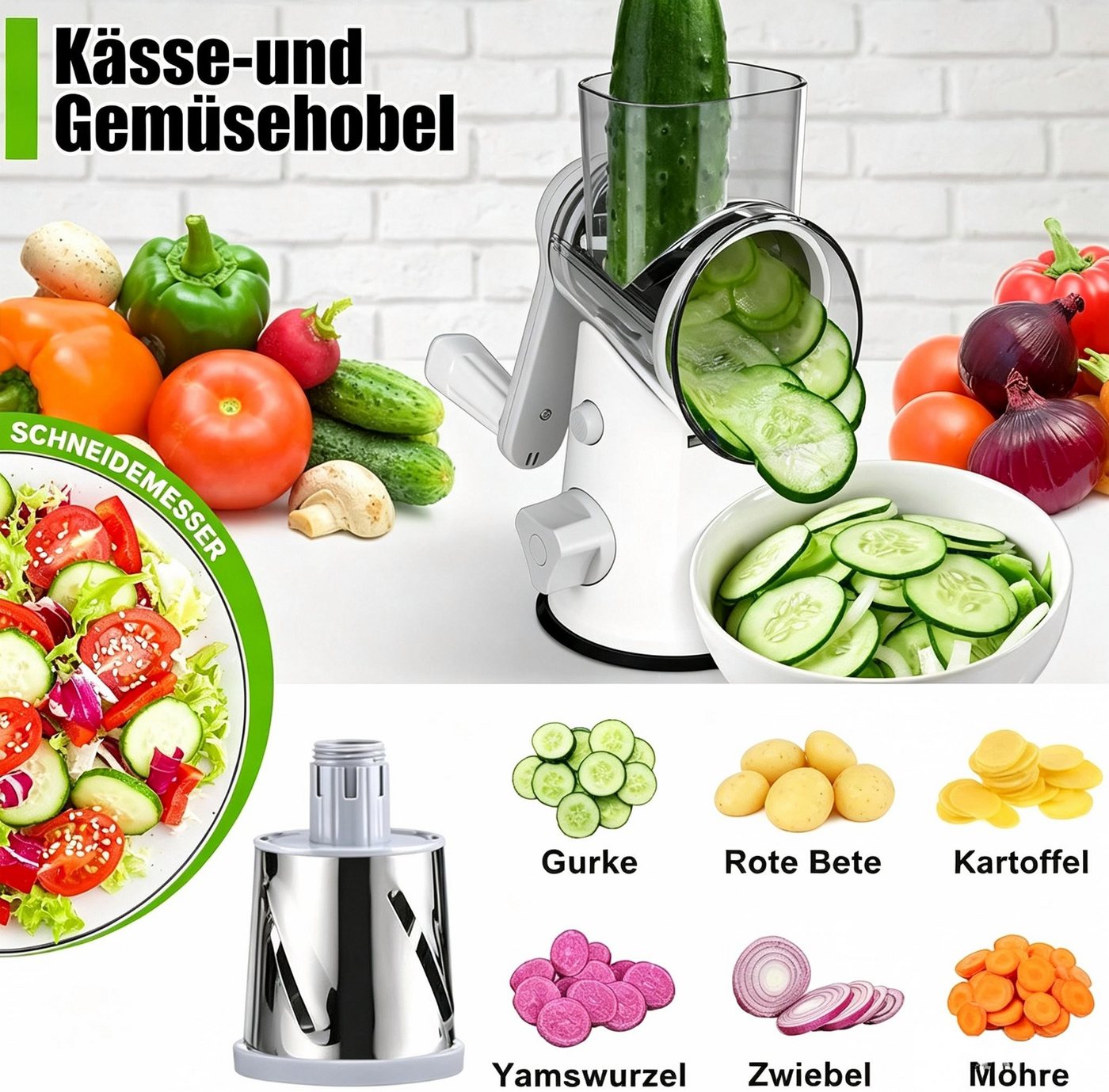 Kityhome Gemüseschneider Käsereibe mit Handkurbel,mit 3 Edelstahlklingen und Saugfuß, Gemüseschneider für Käse, Gemüse, Nüsse, Schokolade Bild 2