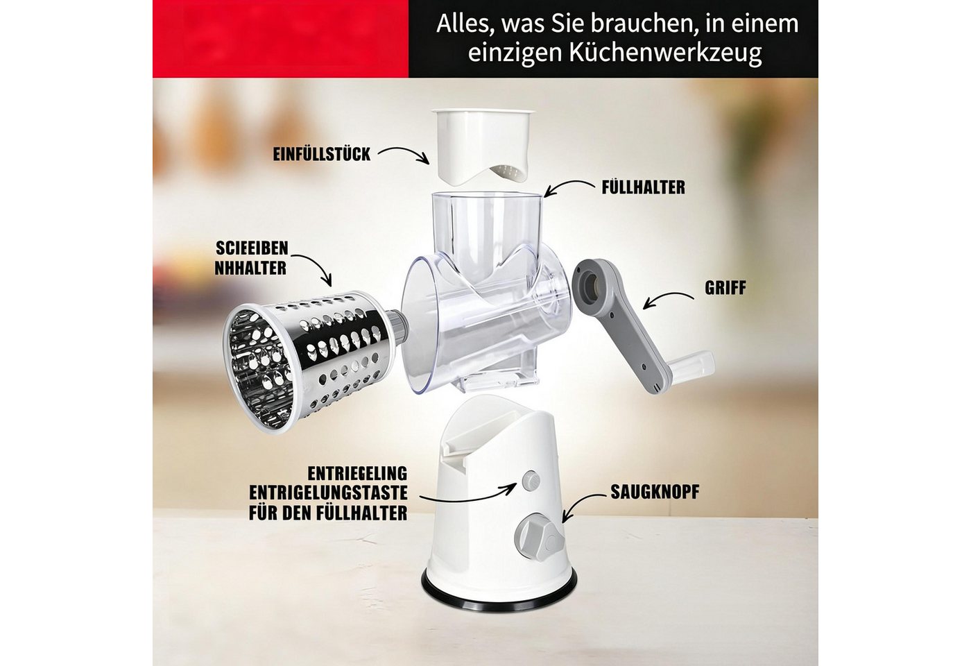 Kityhome Gemüseschneider Käsereibe mit Handkurbel,mit 3 Edelstahlklingen und Saugfuß, Gemüseschneider für Käse, Gemüse, Nüsse, Schokolade Bild 3