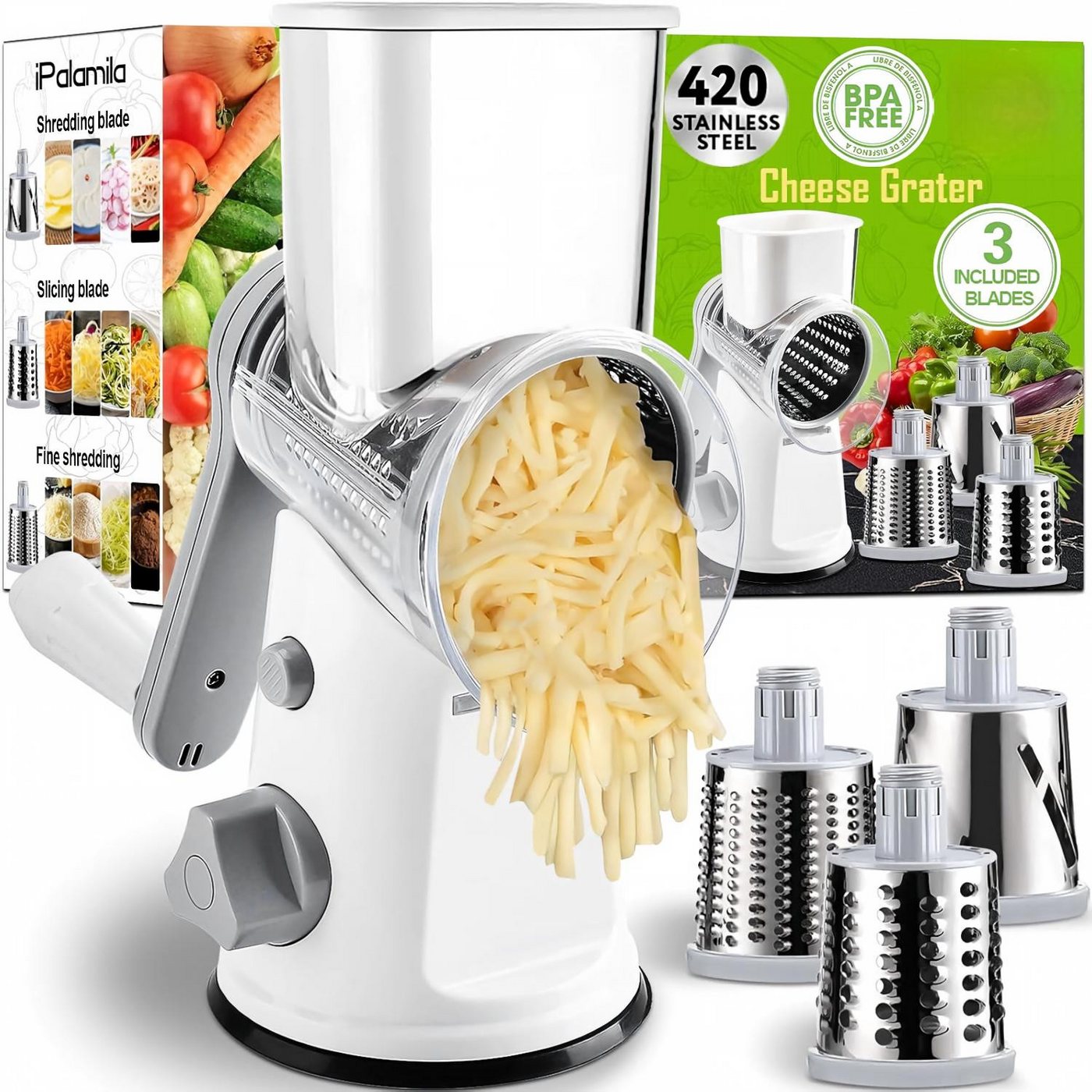Kityhome Gemüseschneider Käsereibe mit Handkurbel,mit 3 Edelstahlklingen und Saugfuß, Gemüseschneider für Käse, Gemüse, Nüsse, Schokolade Bild 4