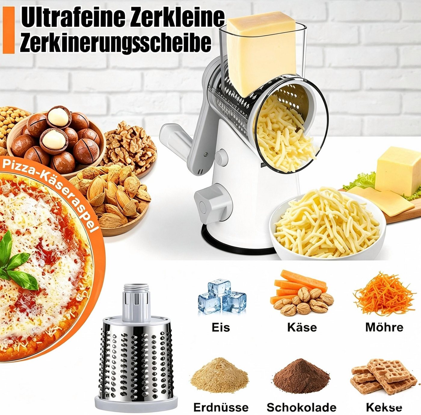 Kityhome Gemüseschneider Käsereibe mit Handkurbel,mit 3 Edelstahlklingen und Saugfuß, Gemüseschneider für Käse, Gemüse, Nüsse, Schokolade Bild 5