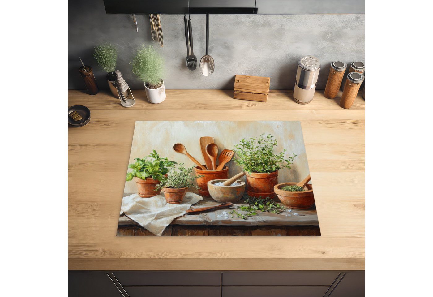 MuchoWow Herd-Abdeckplatte Töpfe - Kräuter - Holz, Vinyl, (1 tlg), Herdabdeckplatten für Ceranfeld, Induktionsschutz, 65x55 cm
