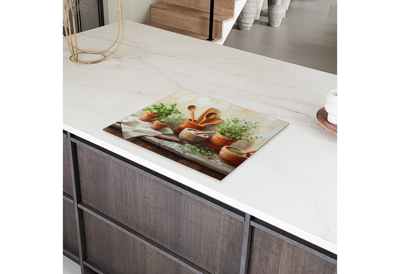 MuchoWow Herd-Abdeckplatte Töpfe - Kräuter - Holz, Vinyl, (1 tlg), Herdabdeckplatten für Ceranfeld, Induktionsschutz, 65x55 cm Bild 4