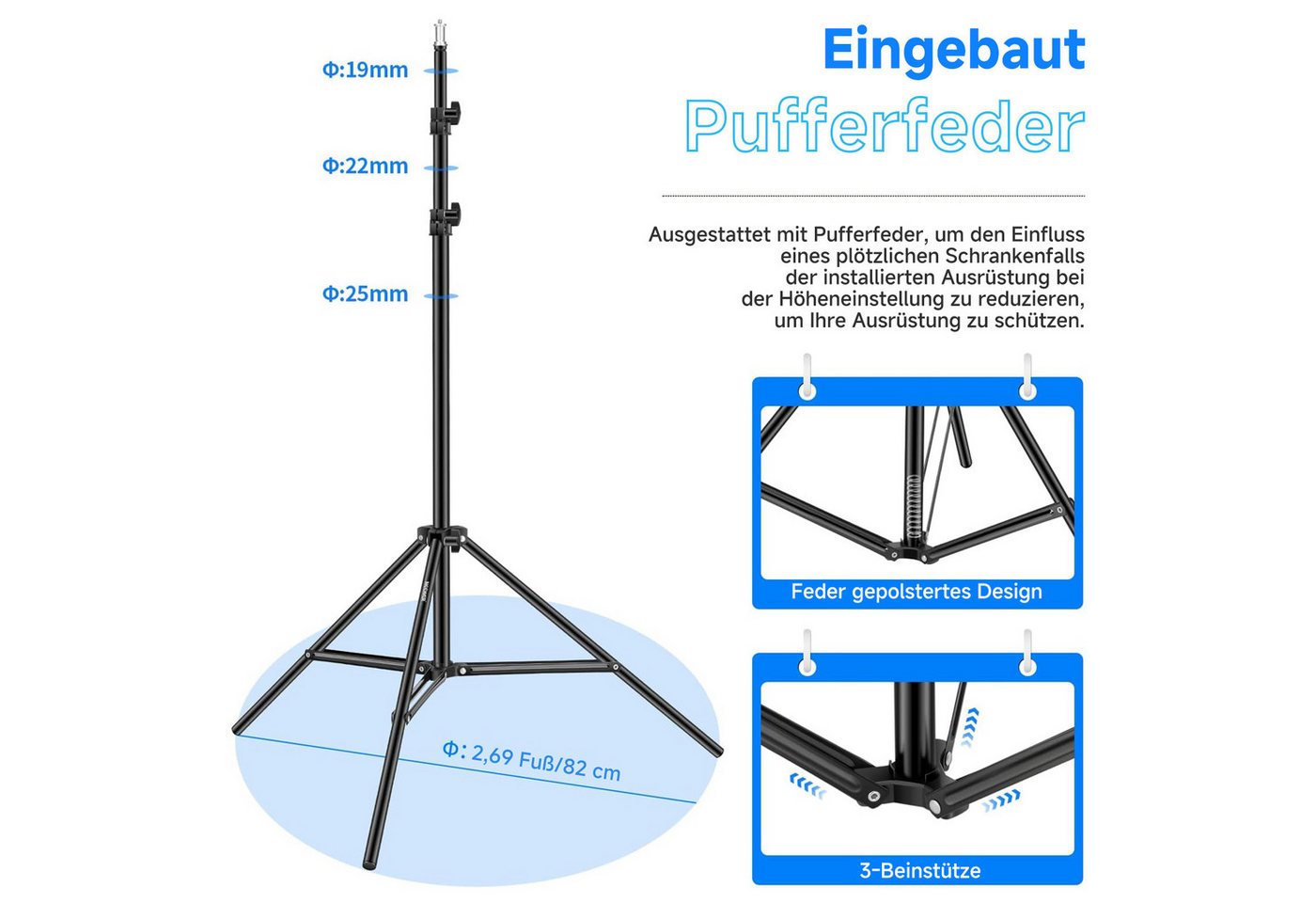 Neewer ST-200 Fotografie-Lichtstativ, Höhenverstellbar 92-200cm, trägt 8 kg Lampenstativ (Stativständer für Studio Reflektoren Softboxen Lichter) Bild 5