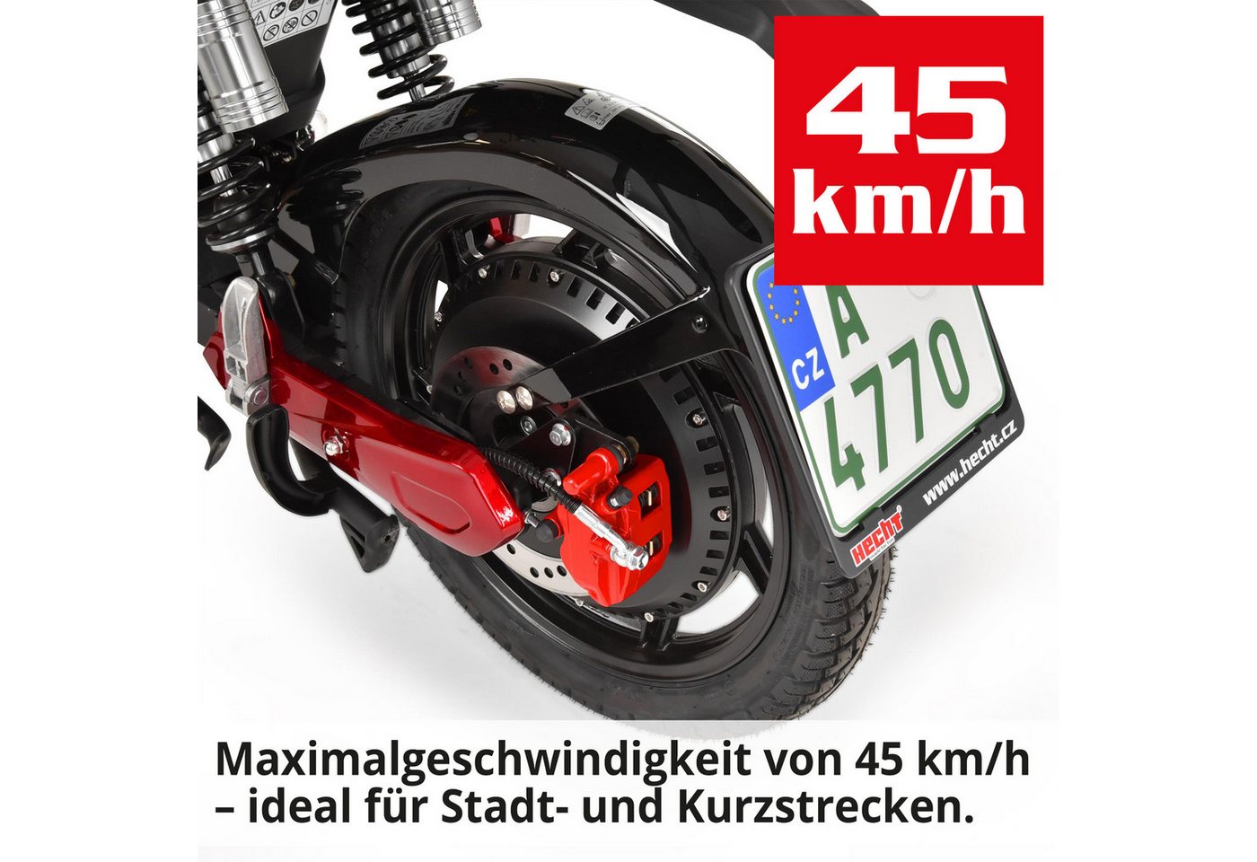Hecht E-Mofaroller BETIS RED 48V Akku entnehmbar 40 km Reichweite Scheibenbremsen, 900 W, 45 km/h, Pedalantrieb, Gasdruckfederung, Funkschlüssel, Staufach