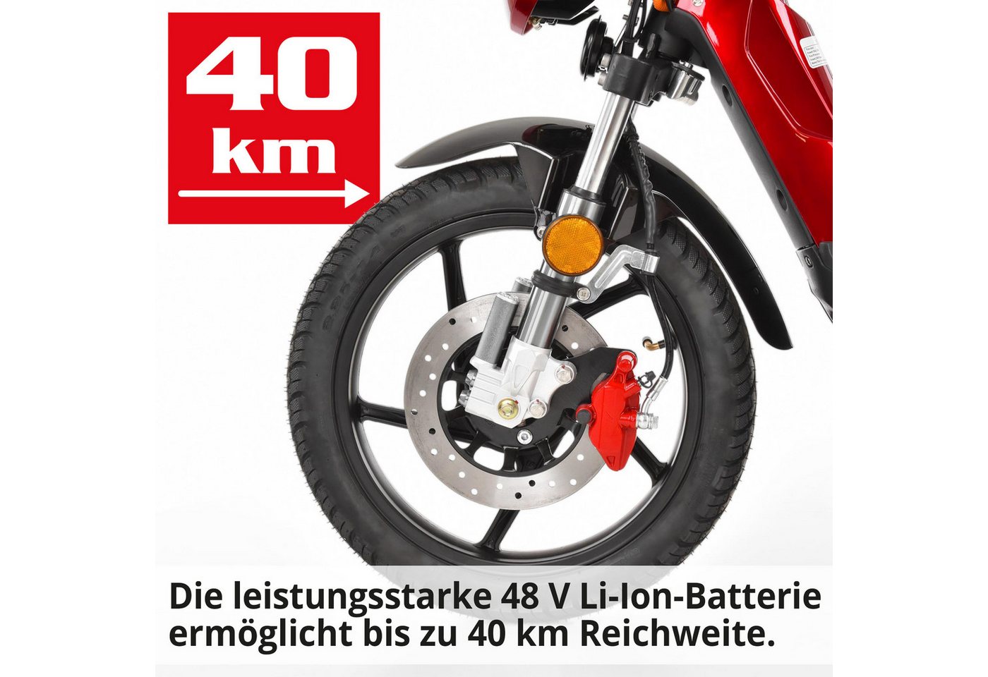 Hecht E-Mofaroller BETIS RED 48V Akku entnehmbar 40 km Reichweite Scheibenbremsen, 900 W, 45 km/h, Pedalantrieb, Gasdruckfederung, Funkschlüssel, Staufach Bild 4