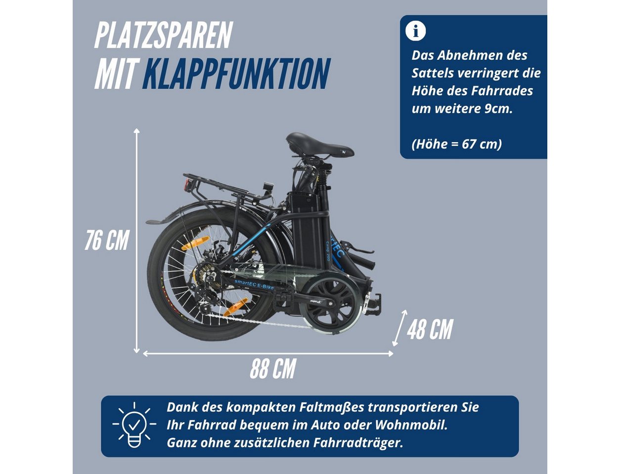 smartEC E-Bike Klapprad 2er Pack Camp-20D & 20H Falt Pedelec/E-Bike 20 Zoll Schwarz smartEC, 7 Gang Shimano Tourney Schaltwerk, Kettenschaltung, Hinterrad-Nabenmotor, 562.00 Wh, (2er Set, 12 tlg., Akku mit Ladegerät), Damen/Herren Unterstützung 25 km/h Anfahrhilfe Scheibenbremse StVZO Bild 3