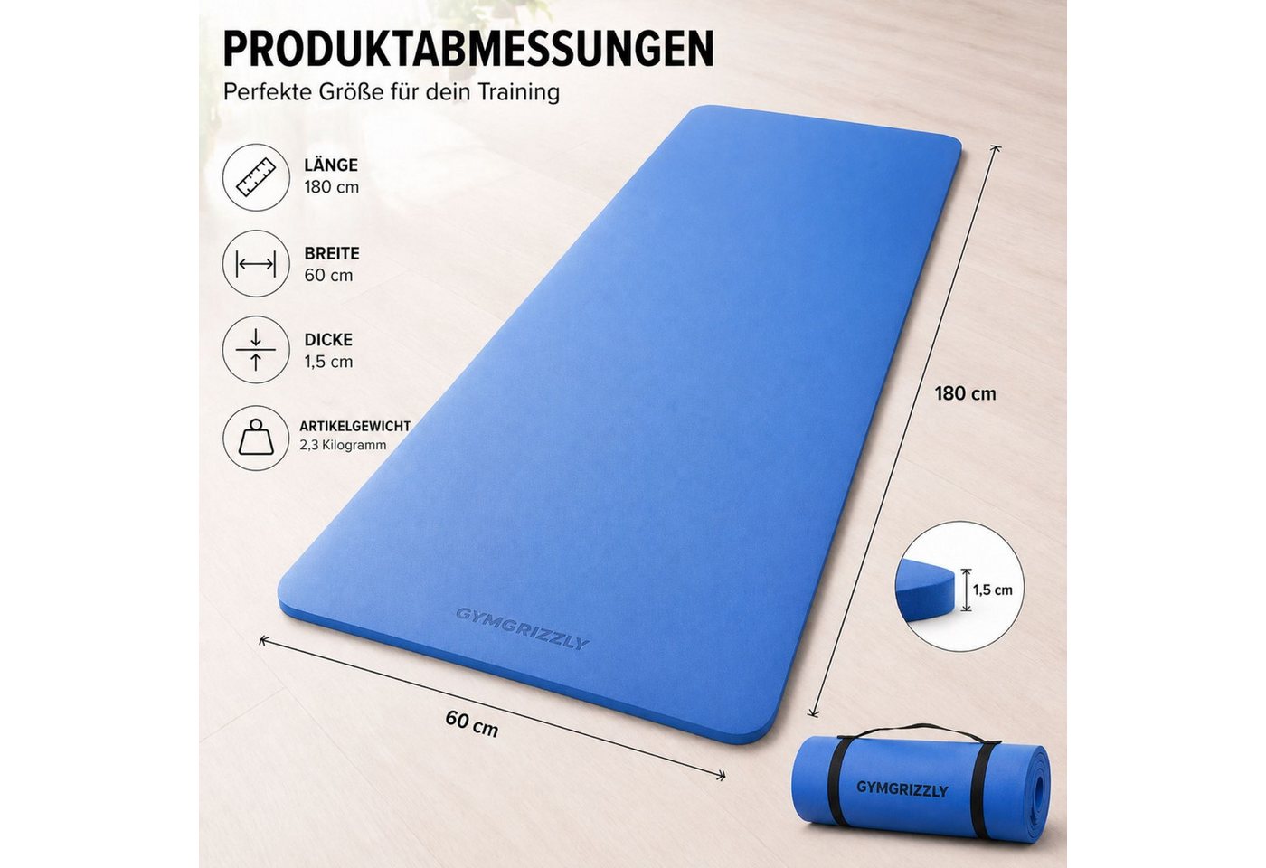 Glory Sports GmbH & Co. KG Yogamatte Yogamatte Trainingsmatte Gymnastikmatte 180x63x1,5cm Pilates Blau Bild 4