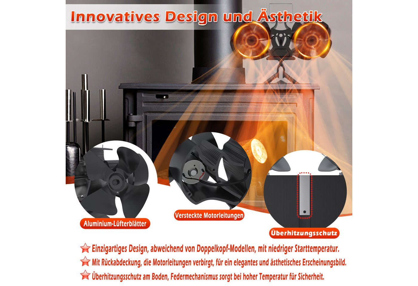 FIVMEN Kaminventilator 8 Blätter Mit 2 Motoren Kaminventilator Ofenventilator Ohne Strom, für Kaminofen/Kamin/Ofen/Holz, Ofenventilator Doppelt Bild 5