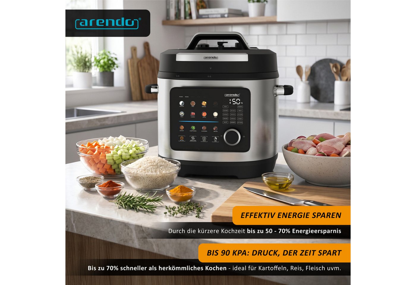 Arendo Multikocher Schnellkochtopf 6 Liter elektrisch, 24 Programme, Touch & Drehknopf, 1000 W, 6 l Schüssel, 3 Druckstufen, 24-Stunden-Timer, Warmhaltefunktion und Dämpfeinsatz Bild 2