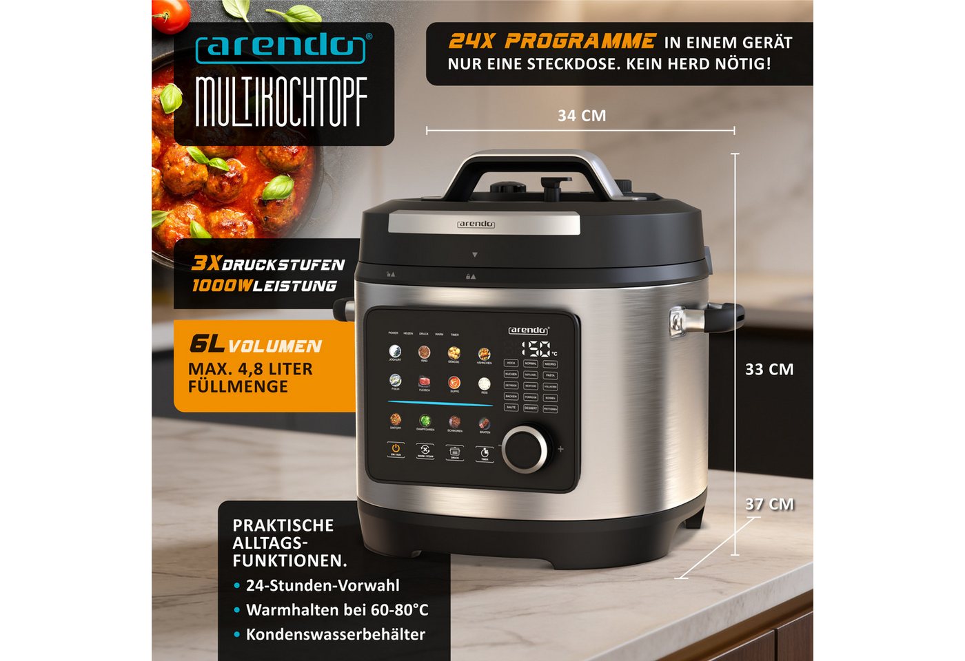 Arendo Multikocher Schnellkochtopf 6 Liter elektrisch, 24 Programme, Touch & Drehknopf, 1000 W, 6 l Schüssel, 3 Druckstufen, 24-Stunden-Timer, Warmhaltefunktion und Dämpfeinsatz Bild 4
