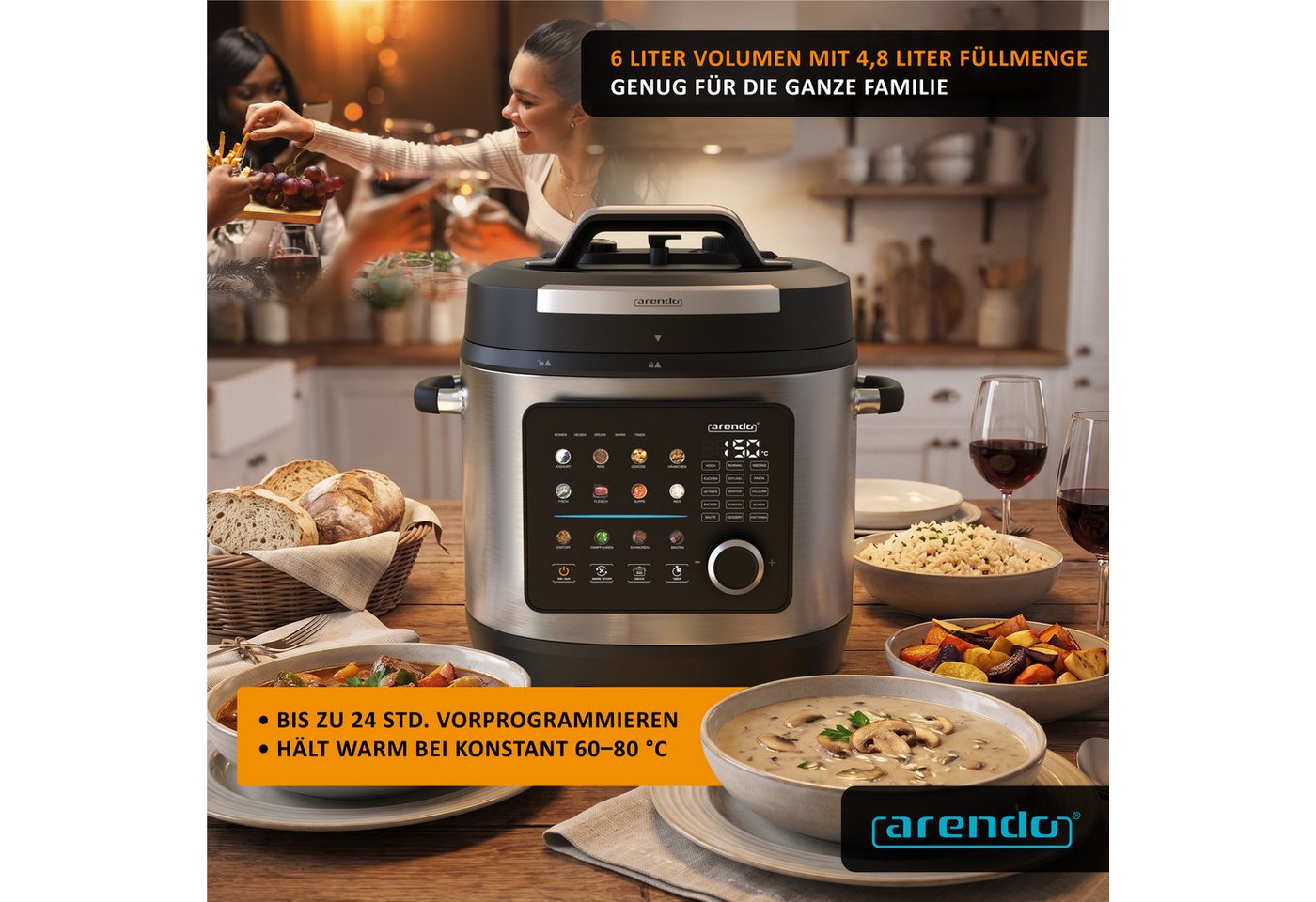 Arendo Multikocher Schnellkochtopf 6 Liter elektrisch, 24 Programme, Touch & Drehknopf, 1000 W, 6 l Schüssel, 3 Druckstufen, 24-Stunden-Timer, Warmhaltefunktion und Dämpfeinsatz Bild 5