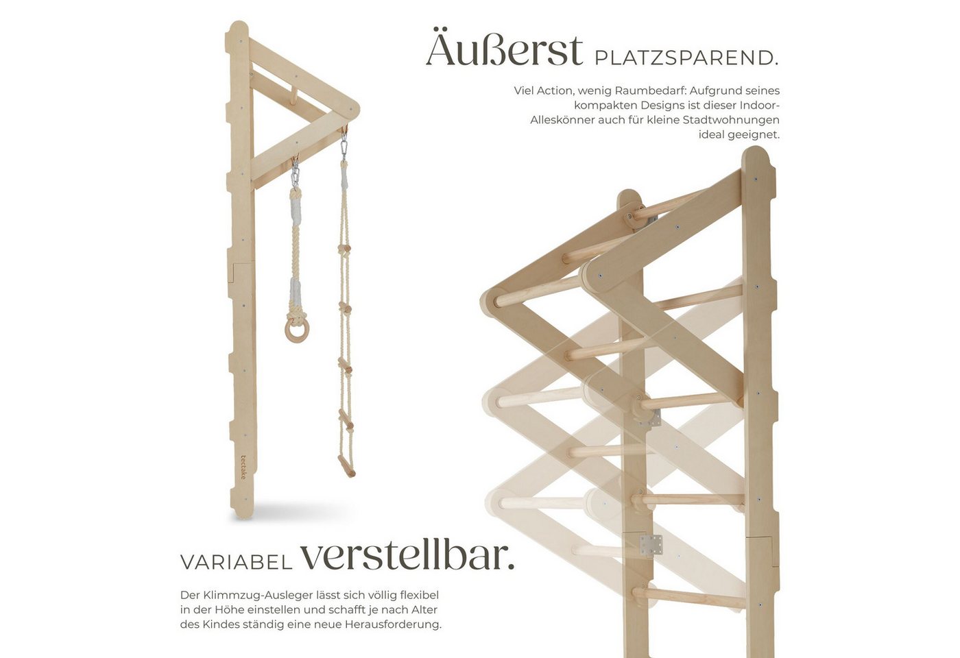 tectake Klettergerüst Sprossenwand Matterhorn für Kinder ab 3 Jahren, indoor, (Kletterwand Kinder Matterhorn, in Hellbraun), 4in1 mit Turnringen, Strickleiter und Klimmzugstange
