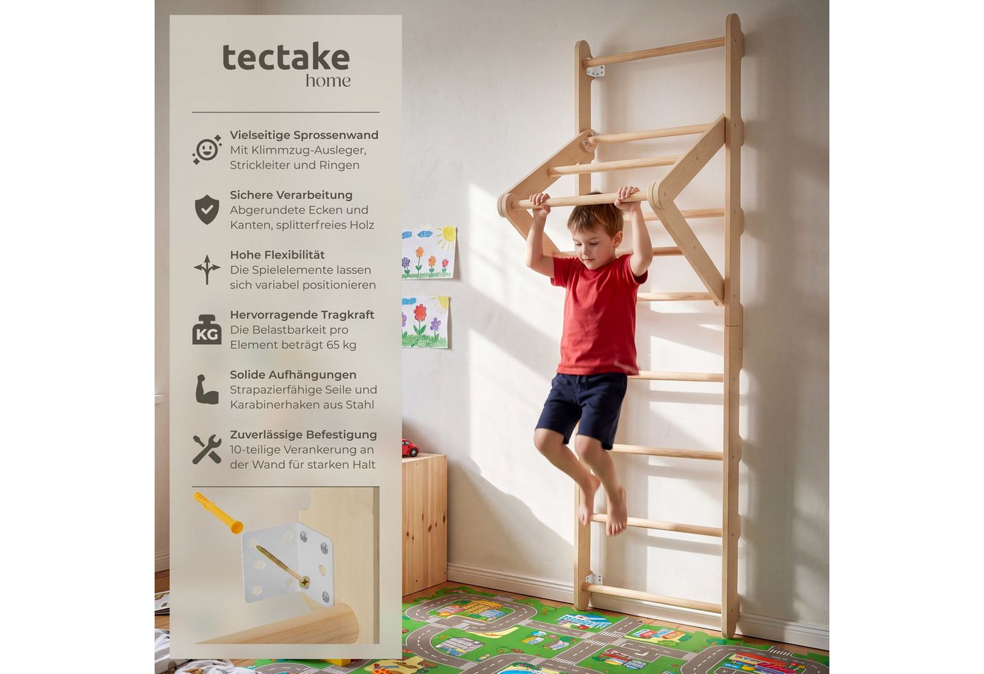 tectake Klettergerüst Sprossenwand Matterhorn für Kinder ab 3 Jahren, indoor, (Kletterwand Kinder Matterhorn, in Hellbraun), 4in1 mit Turnringen, Strickleiter und Klimmzugstange Bild 2
