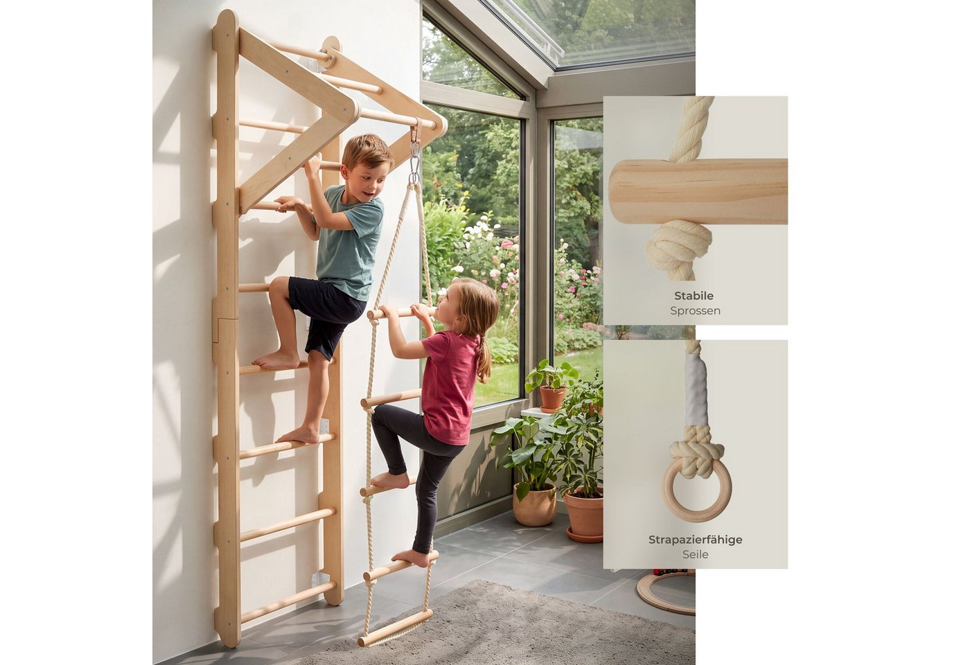 tectake Klettergerüst Sprossenwand Matterhorn für Kinder ab 3 Jahren, indoor, (Kletterwand Kinder Matterhorn, in Hellbraun), 4in1 mit Turnringen, Strickleiter und Klimmzugstange Bild 3