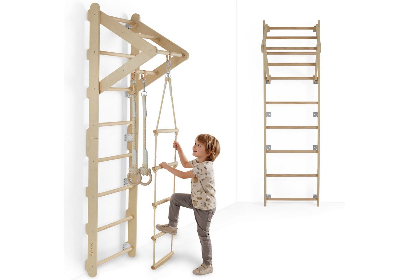 tectake Klettergerüst Sprossenwand Matterhorn für Kinder ab 3 Jahren, indoor, (Kletterwand Kinder Matterhorn, in Hellbraun), 4in1 mit Turnringen, Strickleiter und Klimmzugstange Bild 5