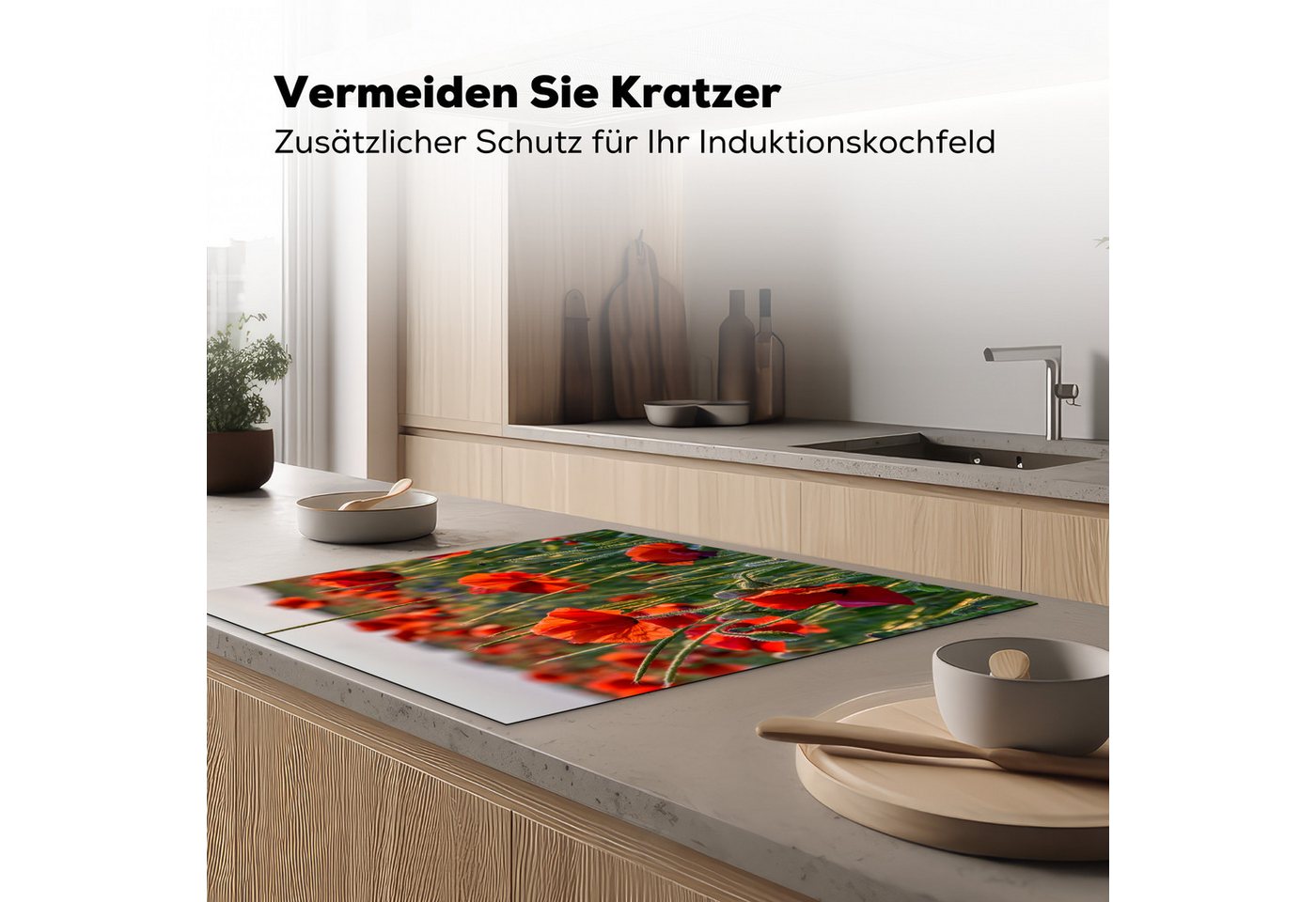MuchoWow Herd-Abdeckplatte Mohnblumen - Rot - Grün - Blumen, Vinyl, (1 tlg), Cerankochfeld Abdeckung, Herd Abdeckplatten Vinyl, 58x59 cm Bild 2