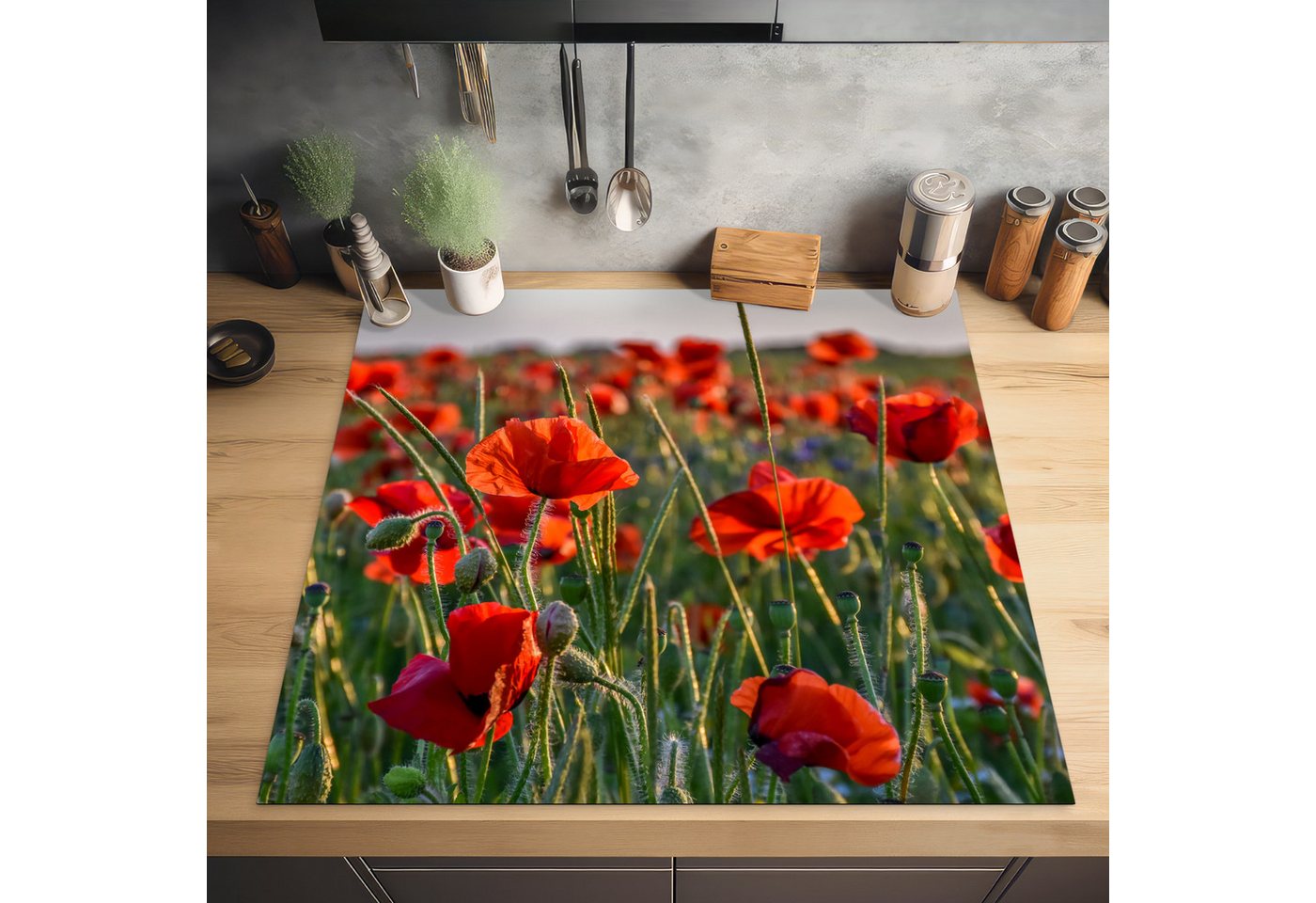 MuchoWow Herd-Abdeckplatte Mohnblumen - Rot - Grün - Blumen, Vinyl, (1 tlg), Cerankochfeld Abdeckung, Herd Abdeckplatten Vinyl, 58x59 cm Bild 3