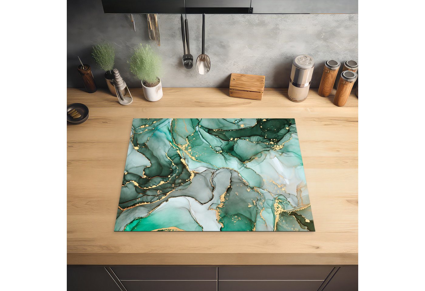 MuchoWow Herd-Abdeckplatte Gold - Marmor - Grün - Luxus - Marmoroptik/print - Grau, Vinyl, (1 tlg), Herdabdeckplatten für Ceranfeld, Induktionsschutz, 65x55 cm Bild 5