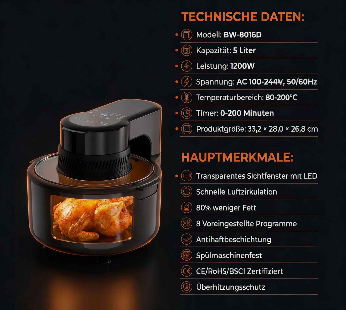 BBWL Heißluftfritteuse 5L Airfryer mit Sichtfenster Timer 200 Min, 1200 W, Temperatur 80–200°C Vorwahlfunktion 24h