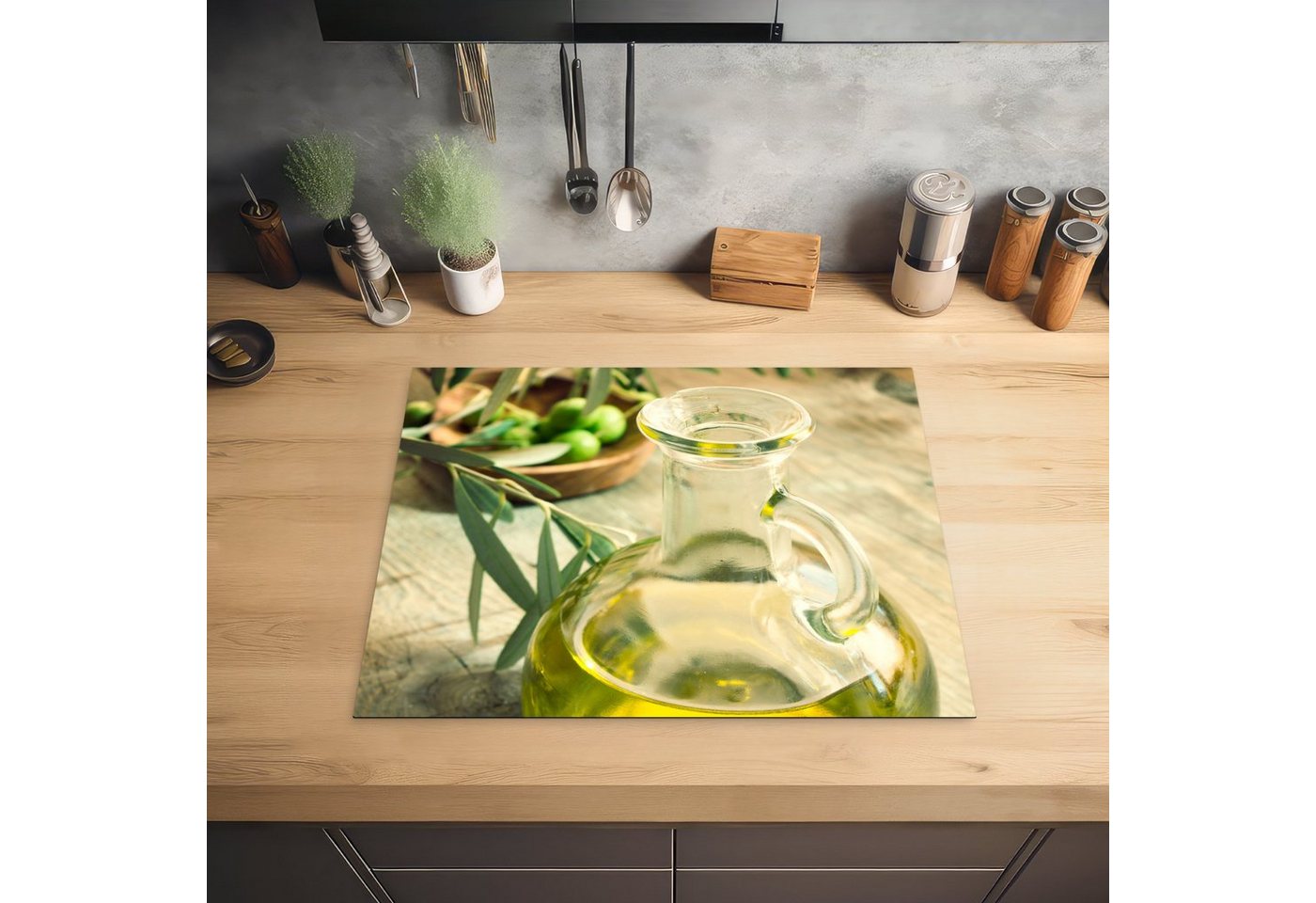 MuchoWow Herd-Abdeckplatte Krug - Glas - Holz - Grün, Vinyl, (1 tlg), Herdabdeckplatten für Ceranfeld, Induktionsschutz, 65x55 cm Bild 2