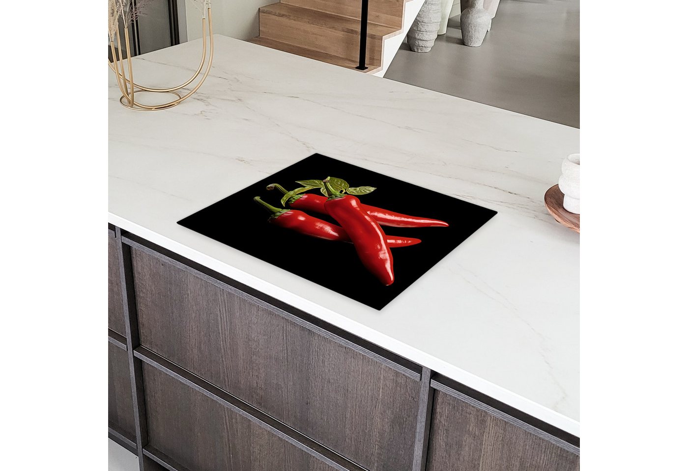 MuchoWow Herd-Abdeckplatte Roter Paprika - Rot - Kräuter - Gewürze - Schwarz, Vinyl, (1 tlg), Herdabdeckplatten für Ceranfeld, Induktionsschutz, 65x55 cm