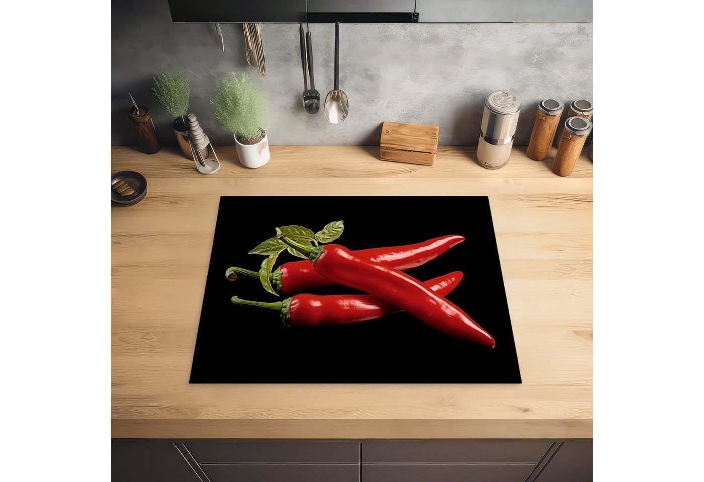MuchoWow Herd-Abdeckplatte Roter Paprika - Rot - Kräuter - Gewürze - Schwarz, Vinyl, (1 tlg), Herdabdeckplatten für Ceranfeld, Induktionsschutz, 65x55 cm Bild 3