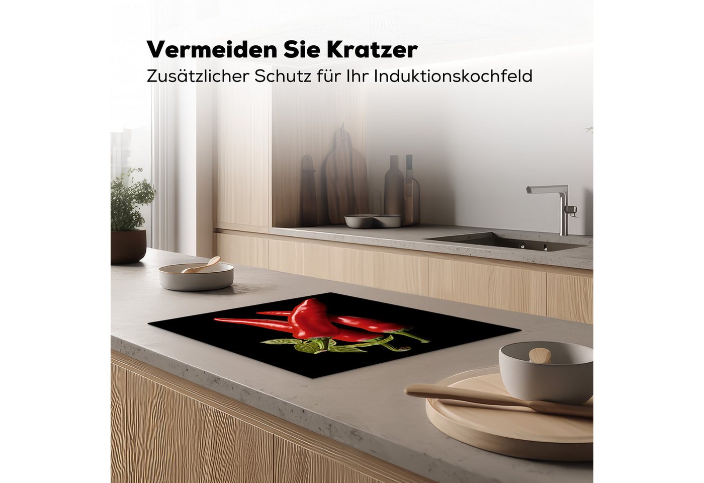 MuchoWow Herd-Abdeckplatte Roter Paprika - Rot - Kräuter - Gewürze - Schwarz, Vinyl, (1 tlg), Herdabdeckplatten für Ceranfeld, Induktionsschutz, 65x55 cm Bild 4
