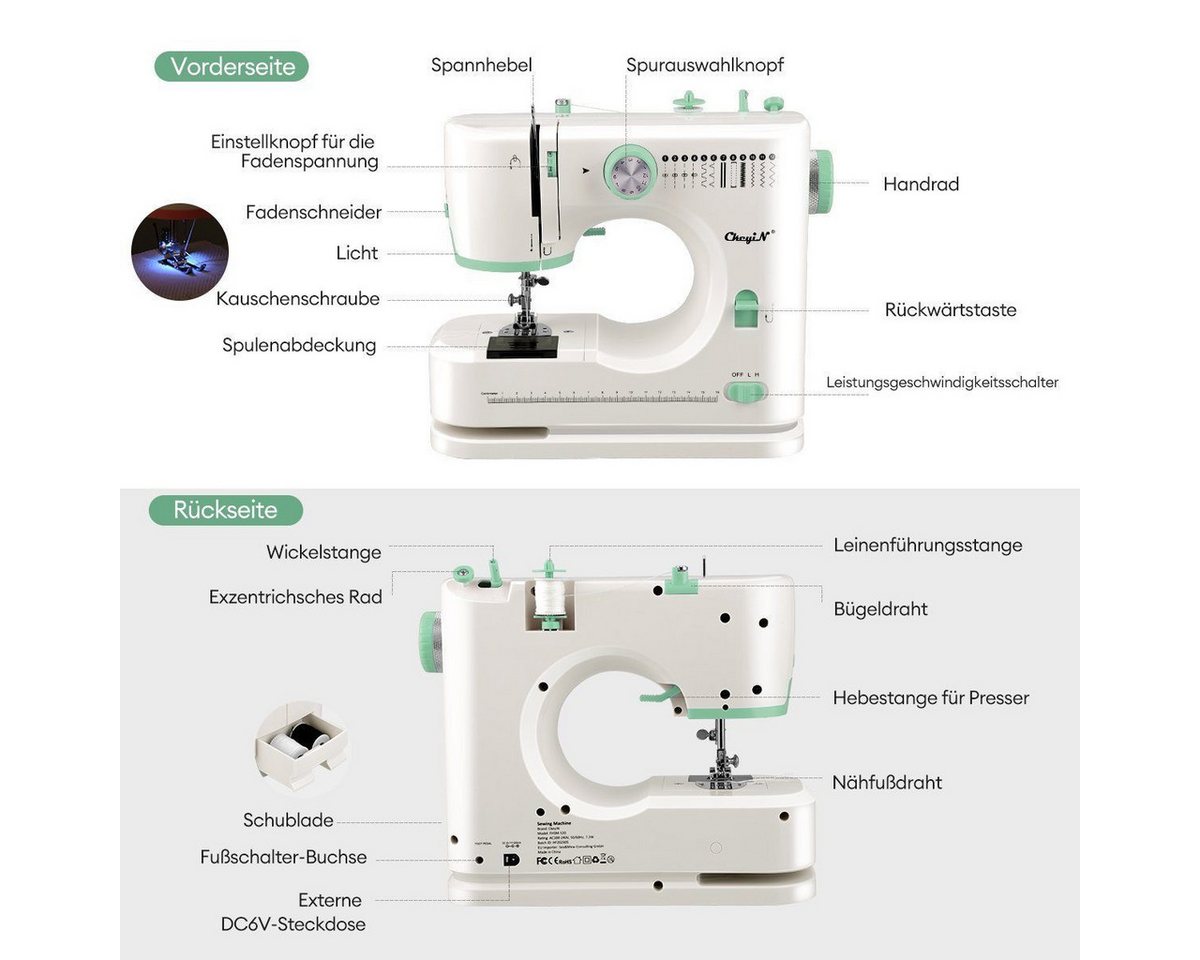 feinlux Nähmaschine Haushaltsnähmaschine mit 12 Stichmustern, 2 Geschwindigkeit für Anfänger