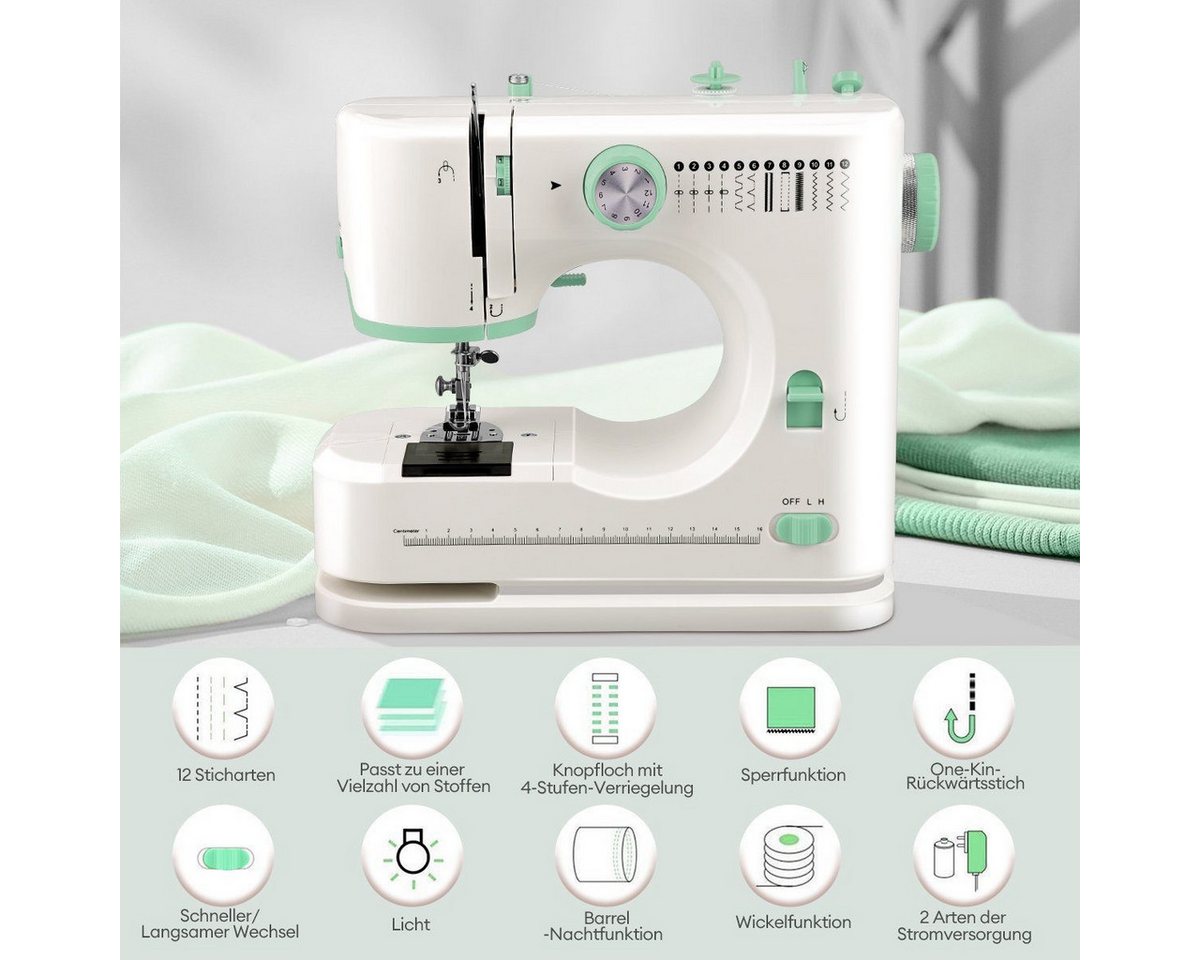 feinlux Nähmaschine Haushaltsnähmaschine mit 12 Stichmustern, 2 Geschwindigkeit für Anfänger Bild 3