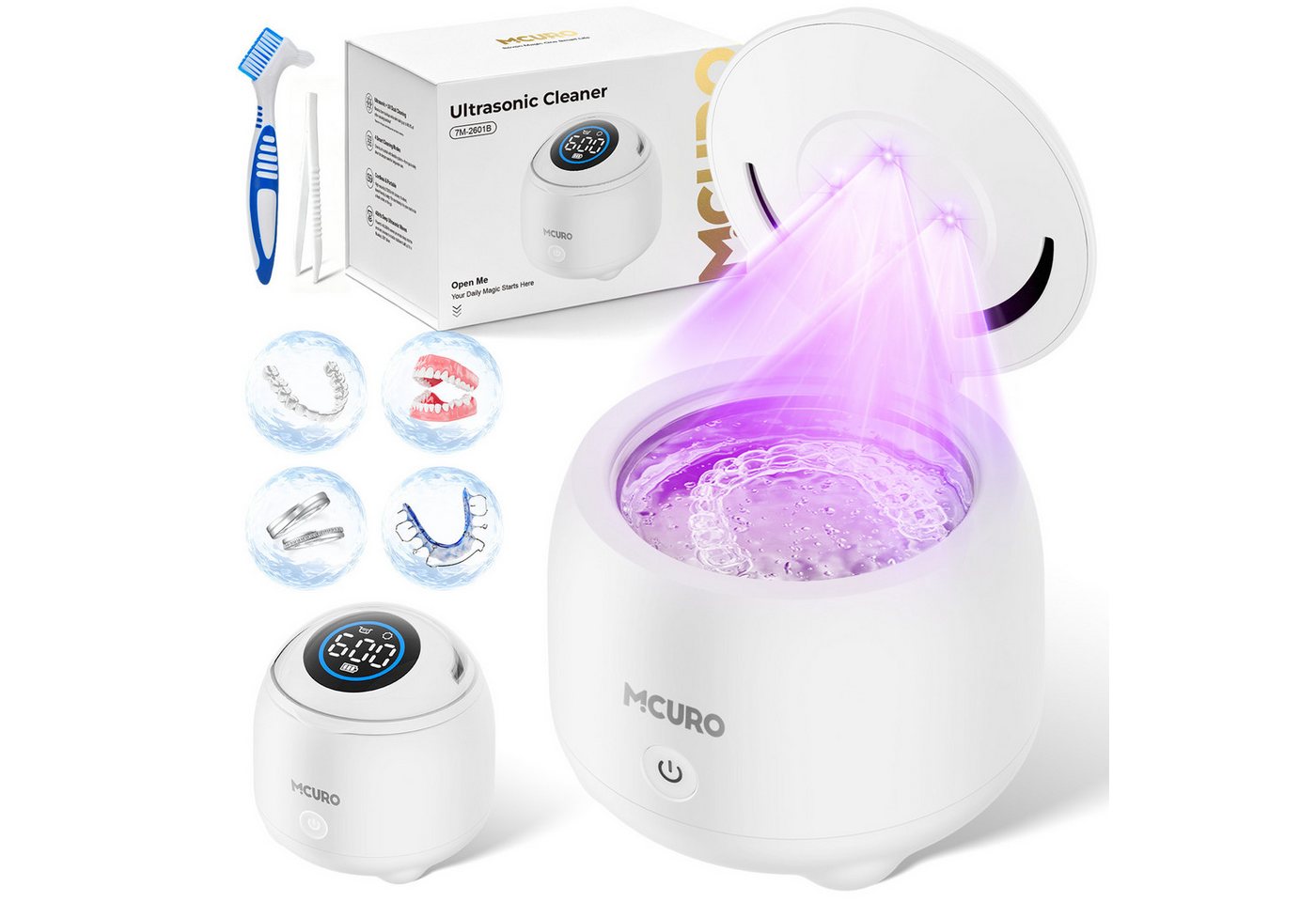 MCURO Ultraschallreiniger Ultraschallreinigungsgerät 48kHz UV 254nm für Zahnschiene Zahnersatz, 200ml Tank 4 Modi, wahlweise 4000mAh, kompakt, 6 Reinigungstabs