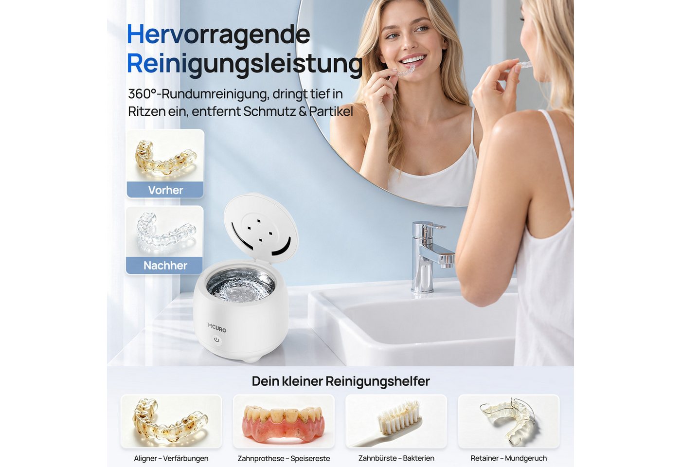 MCURO Ultraschallreiniger Ultraschallreinigungsgerät 48kHz UV 254nm für Zahnschiene Zahnersatz, 200ml Tank 4 Modi, wahlweise 4000mAh, kompakt, 6 Reinigungstabs Bild 4