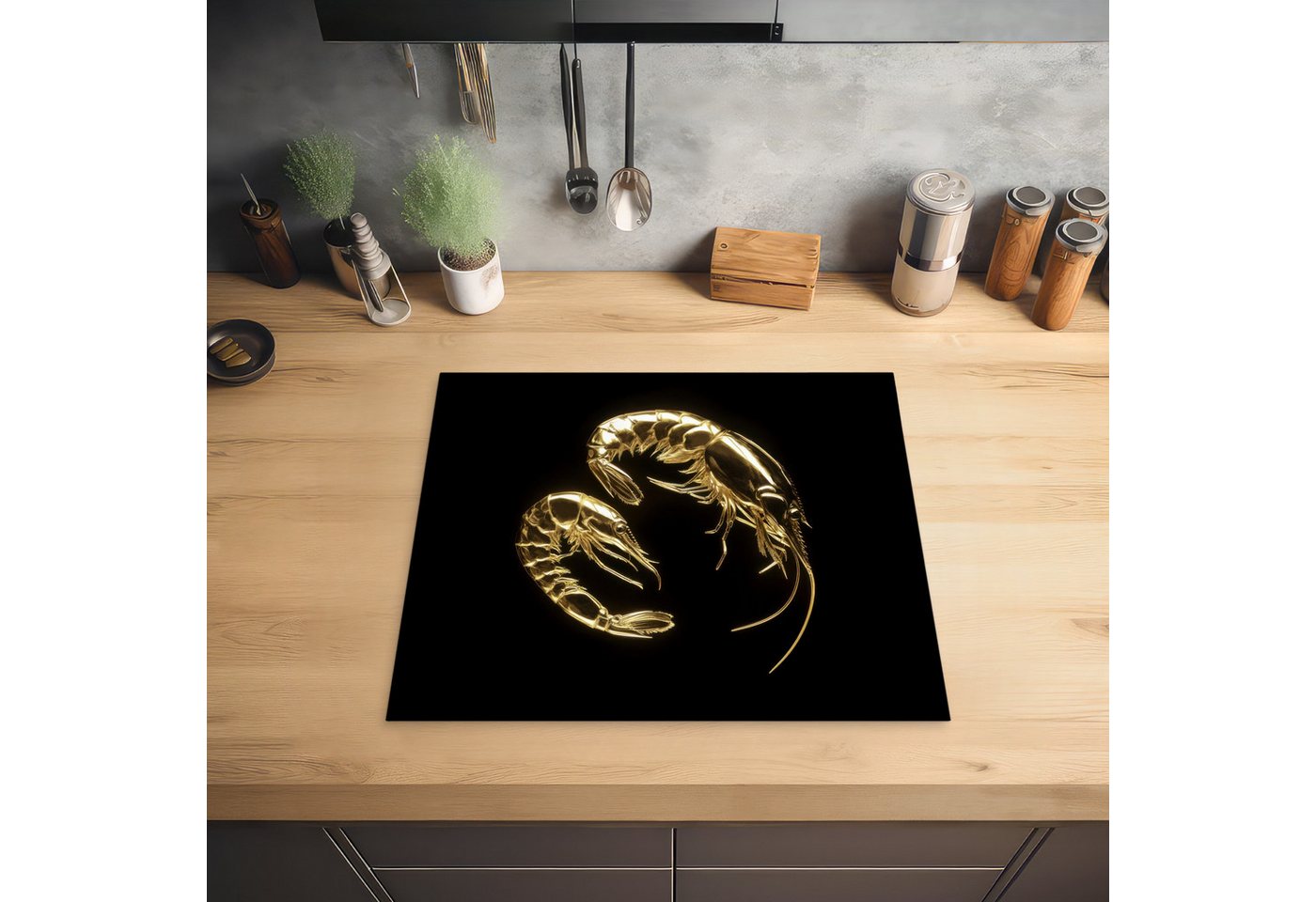 MuchoWow Herd-Abdeckplatte Shrimps - Schwarz - Gold - Tiere, Vinyl, (1 tlg), Ceranfeldabdeckung Küche, Herdabdeckplatte Einteilig, 59x51 cm Bild 4