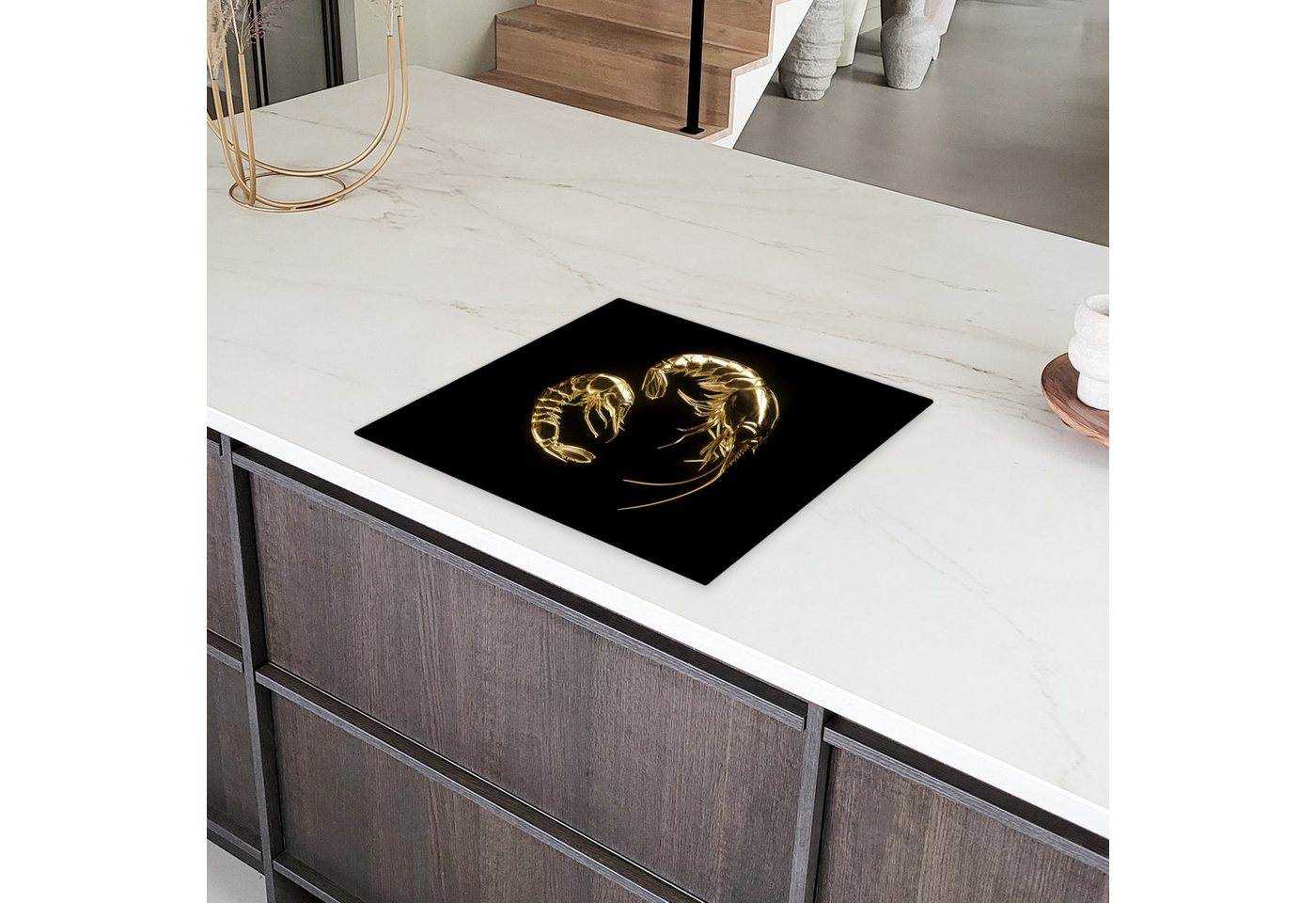 MuchoWow Herd-Abdeckplatte Shrimps - Schwarz - Gold - Tiere, Vinyl, (1 tlg), Ceranfeldabdeckung Küche, Herdabdeckplatte Einteilig, 59x51 cm Bild 5