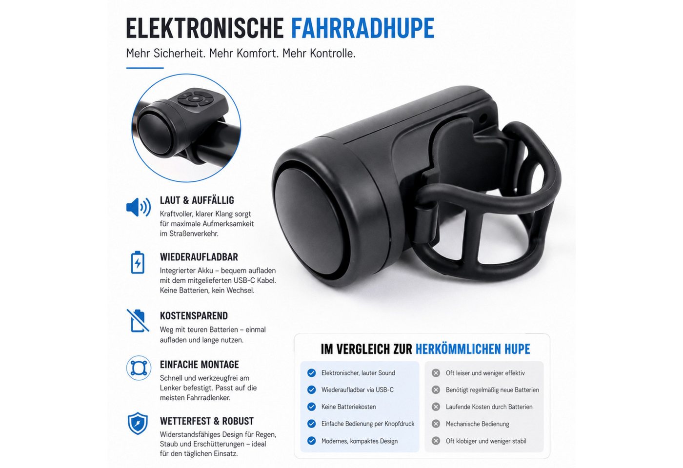 StellarLuma Fahrradklingel Fahrradklingel Fahrradhupe elektronisch für Fahrräder E-Bike E-Scooter, Kompakte E-Klingel mit starkem Signal, USB-Ladung und Wetterschutz Bild 4