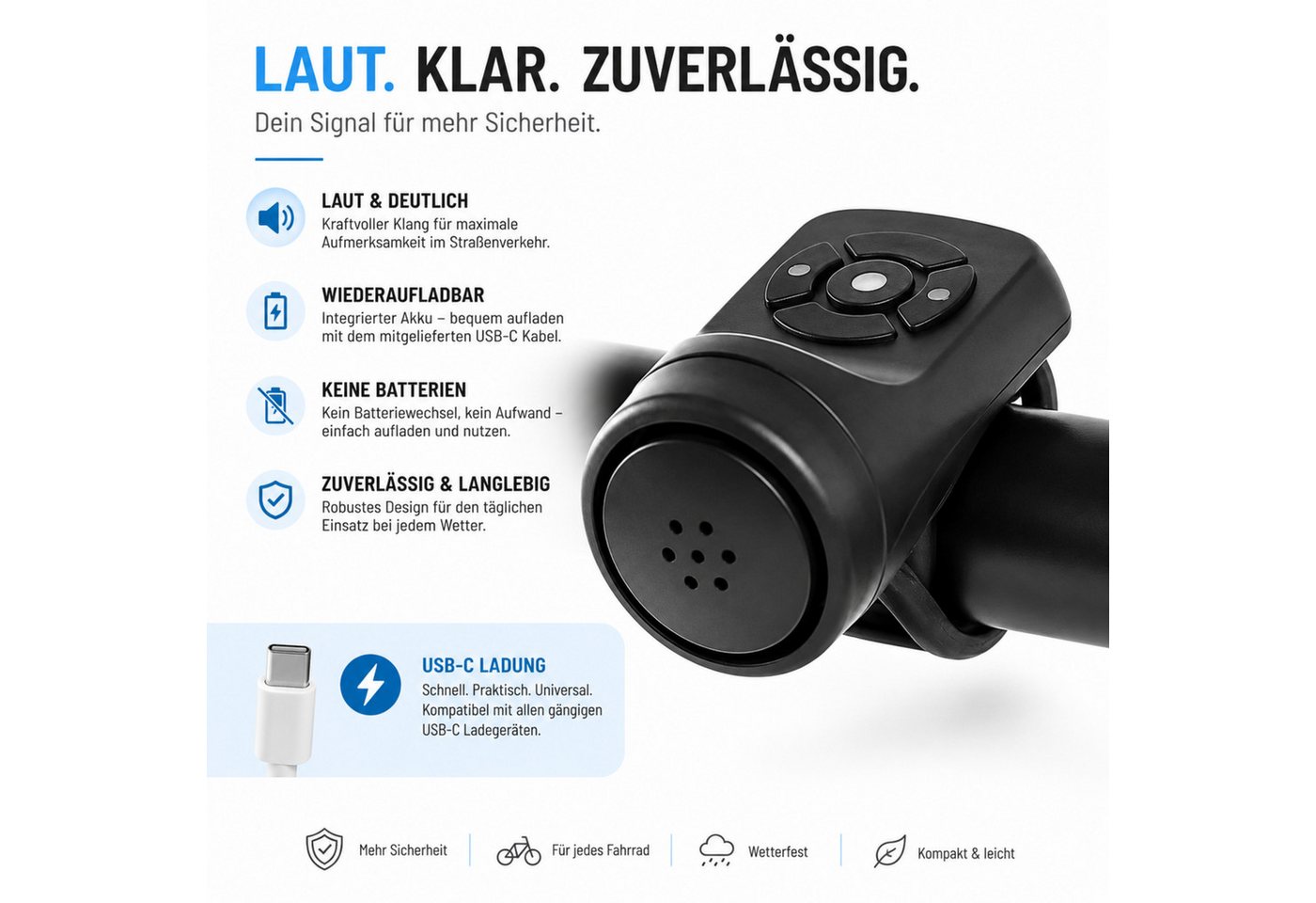StellarLuma Fahrradklingel Fahrradklingel Fahrradhupe elektronisch für Fahrräder E-Bike E-Scooter, Kompakte E-Klingel mit starkem Signal, USB-Ladung und Wetterschutz Bild 5